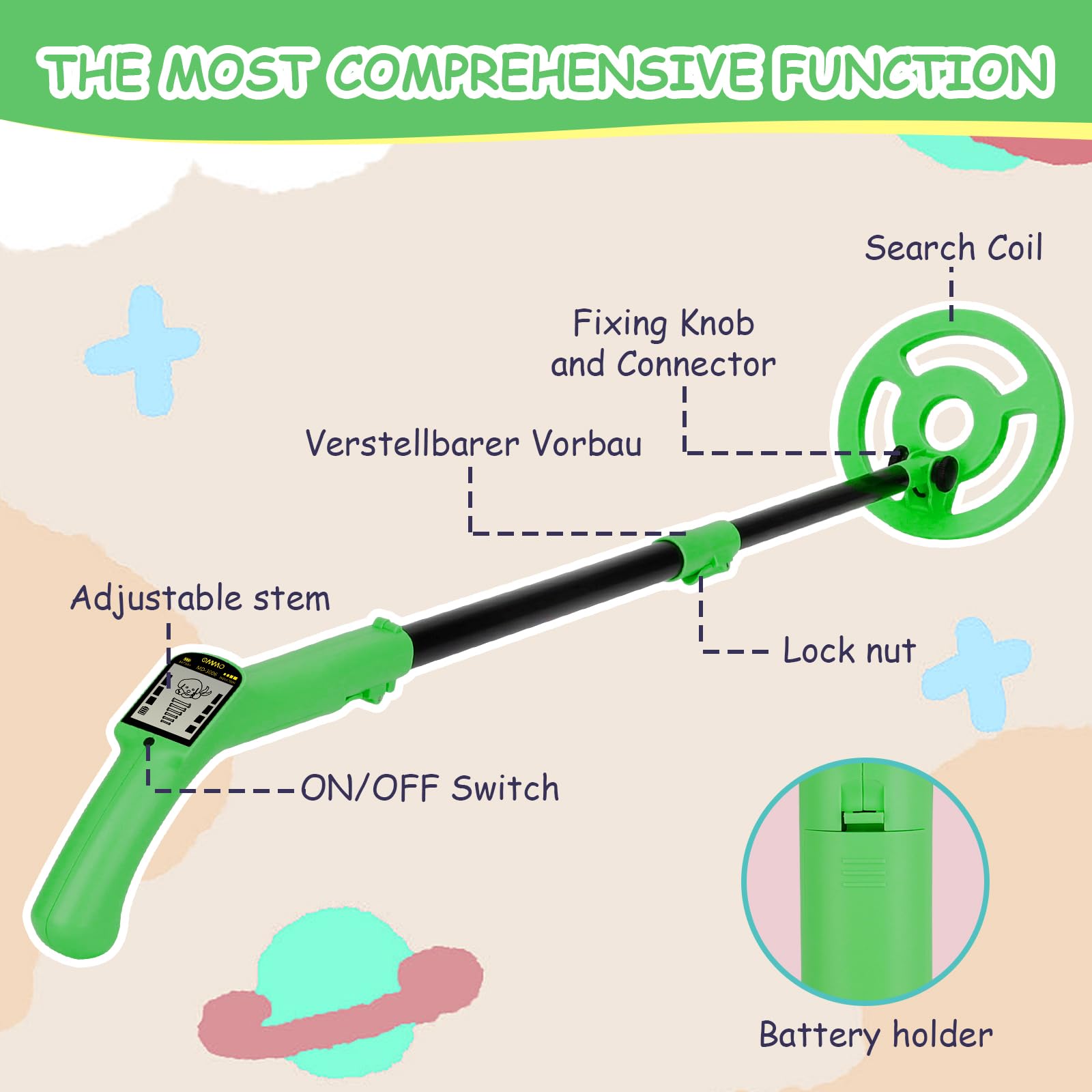 OMMO Metal Detector, Adjustable 27.5”-37.8” Metal Detector for Kids with Intuitive LCD Display, Lightweight Kids Metal Detectors with 6” Search Coil for Exploration Hiking