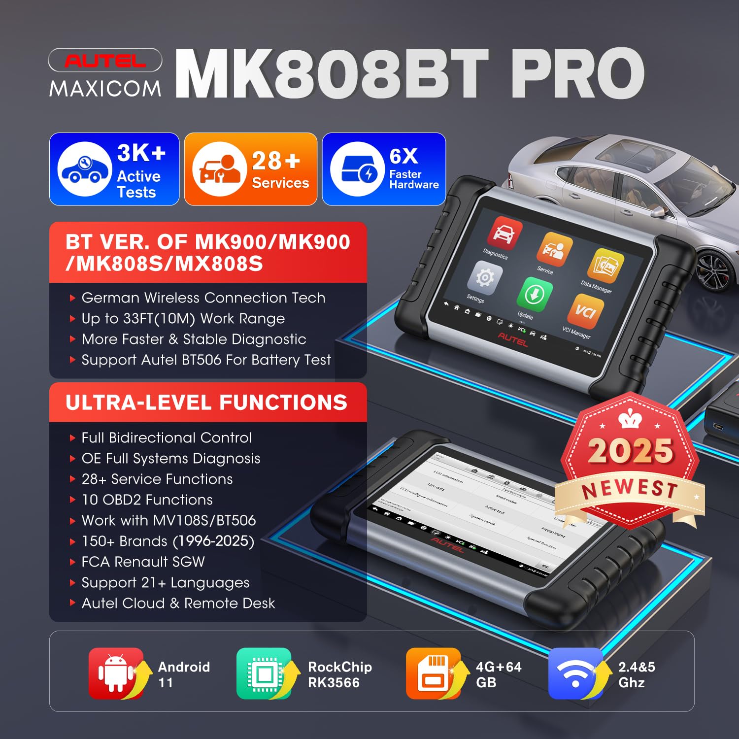 Autel MaxiCOM MK808BT PRO: 2025 Bidirectional Tool Up of MK900/ MX900/ MK808S/ MK808BT/ MaxiCheck MX808S/ MK808Z, 3K+ Active Tests as MK900BT, OE Full Sys, 28+ Services, OS 11, FCA SGW, Support BT506