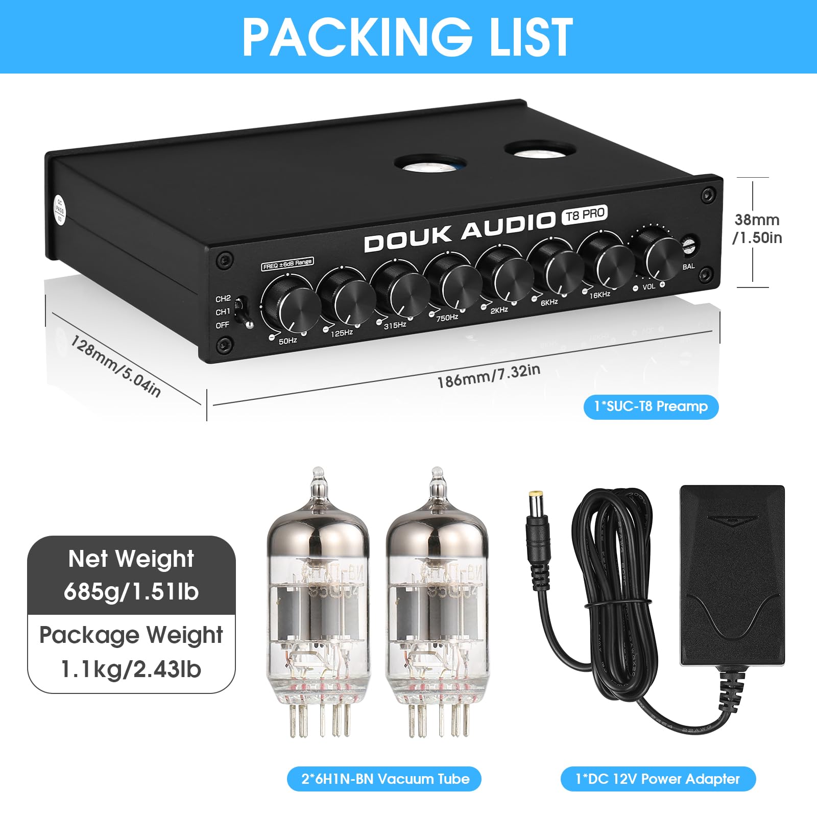 Douk Audio HiFi Vacuum Tube 7-Band EQ Preamp Equalizer XLR Pre-Amplifier Home (T8 PRO)