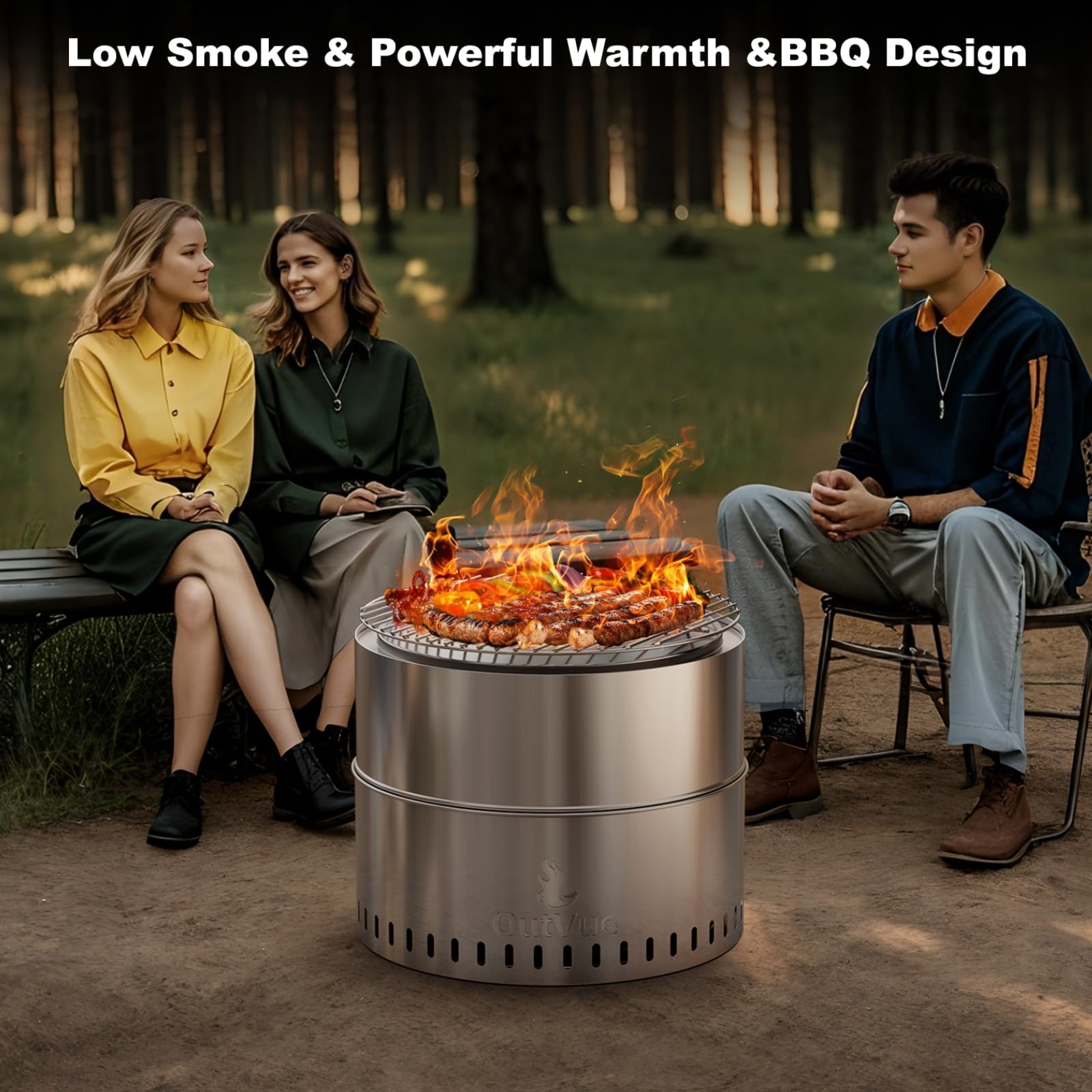 OutVue 19 inch Stainless Steel Smokeless Fire Pit with Grill, Outdoor Smokeless Firepit, Wood Burning Fire Pits for Camping, Bonfire, Low Smoke Firepit for Outside (Vertical Hole)