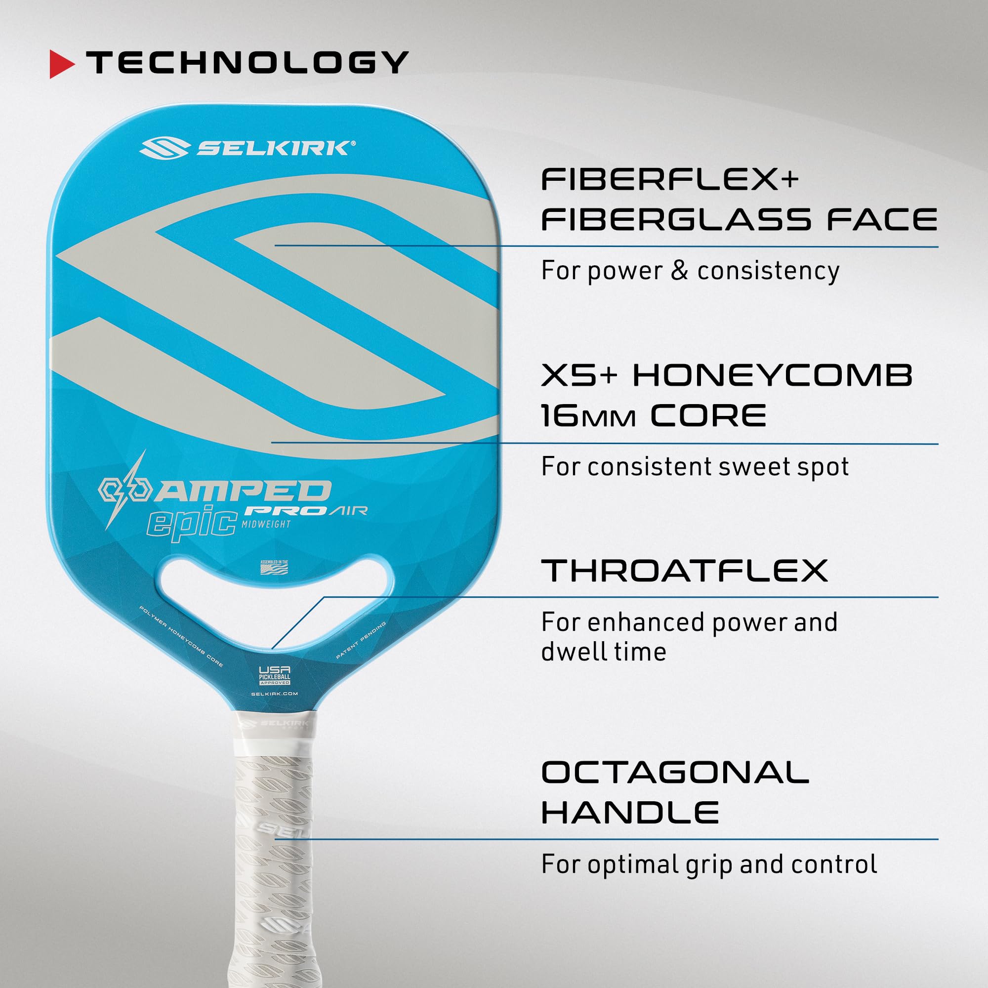 2024 Selkirk Amped Pro Air Pickleball Paddle | Fiberglass Pickleball Paddle with a Polypropylene X5+ 16mm Core | Throatflex | Flex Foam | Pickleball Rackets Made in The USA | Epic Blue