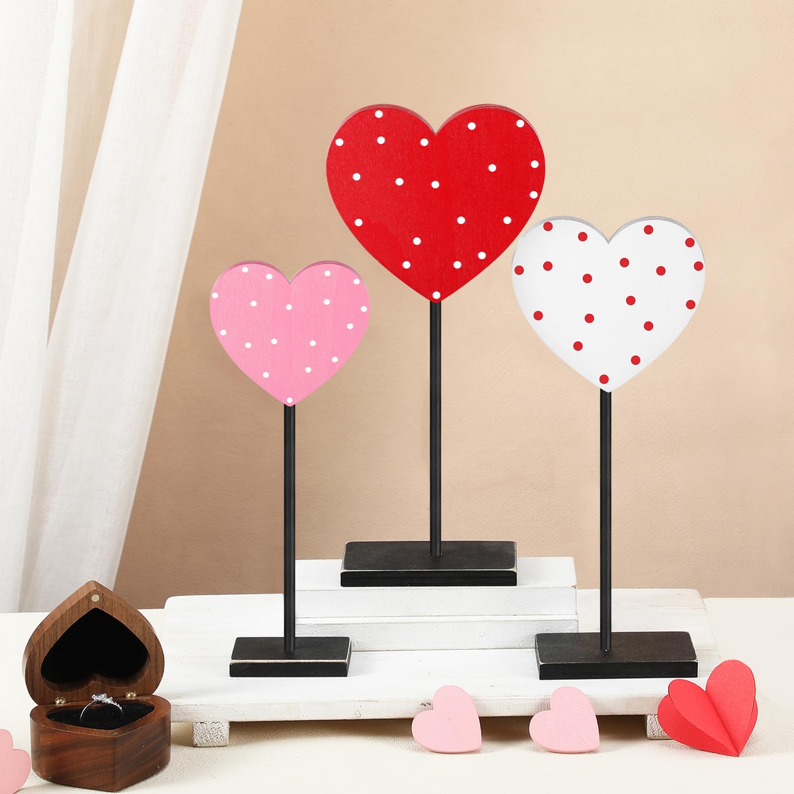 Spiareal 3 Pcs Valentine's Day Heart Wooden Sign Decor Heart Shape Tall Standing Table Sign Love Decor Valentine's Day Wooden Signs for Home Farmhouse Table Centerpiece Decoration (Romantic)