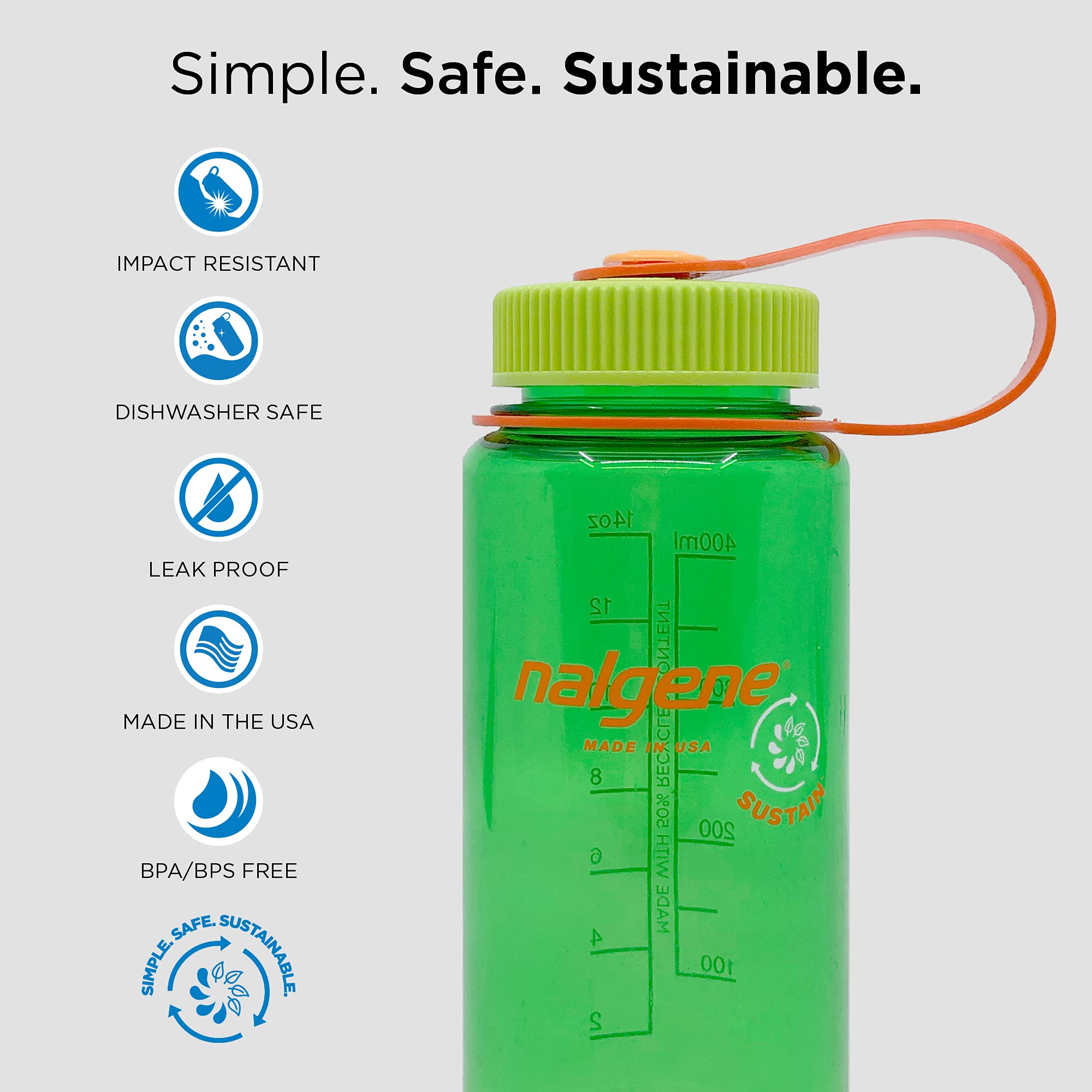 Nalgene Sustain Tritan BPA-Free Water Bottle Made with Material Derived From 50% Plastic Waste, 16 OZ, Wide Mouth, Clementine