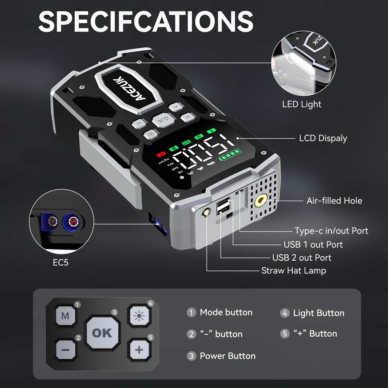 Portable Car Jump Starter with Air Compressor, ACEZUK 150PSI 5000A Jump Starter (All Gas/10.0L Diesel), 12V Car Battery Jump Box Car Battery Jumper Starter with 3.4" LCD Display, 2 Lights