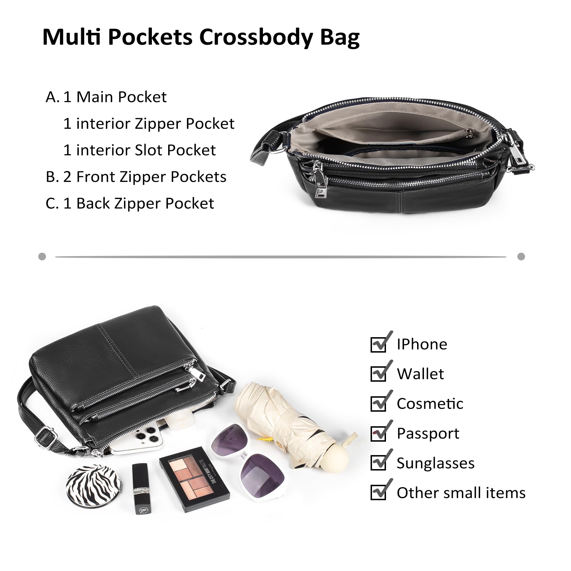 befen Genuine Leather Black Small Crossbody Purses Bags for Women, Woman Pocketbooks Shoulder Bag Satchel Purse with Multi Zipper Pockets