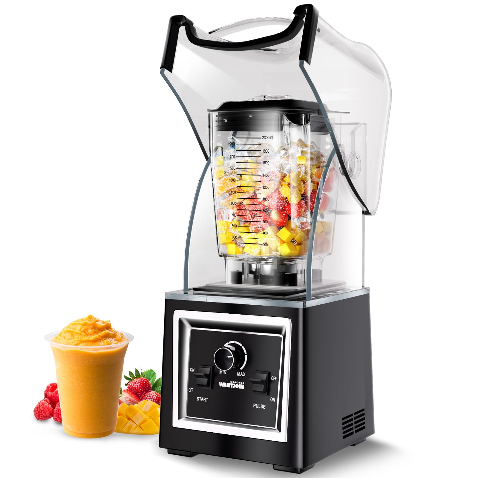 Wantjoin Professional Grade Blender - Soundproof & Quiet Commercial Blenders, Removable Shield, 2000W Watte, 67 Oz Capacity - Perfect for Kitchen, Fruits, Shakes, Smoothies, and Frozen Drinks(Black)