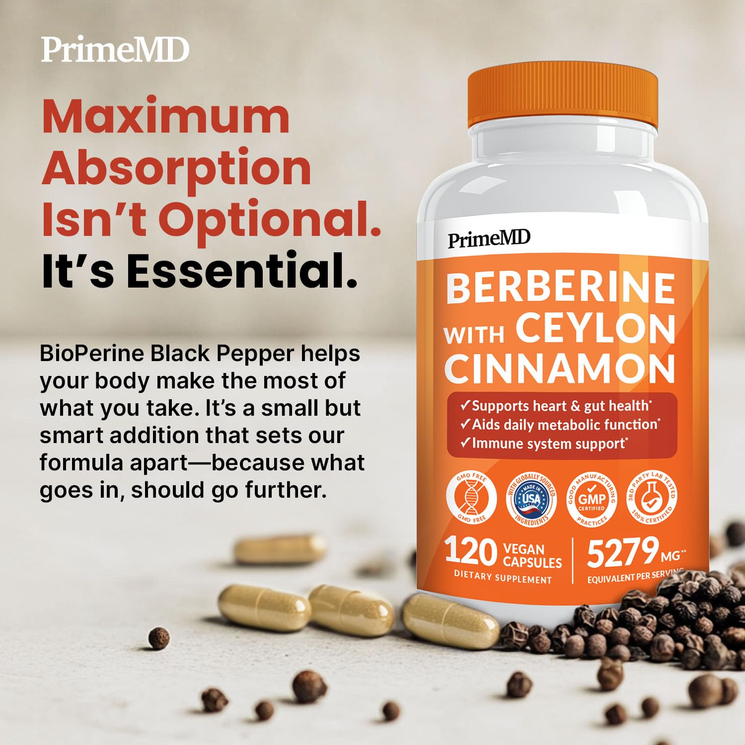 21-in-1 Berberine Supplement with Ceylon Cinnamon with Chromium, Bitter Melon and Green Tea Extract and Black Pepper Extract 5X for Energy & Metabolism Support with 5279 mg (120 ct, Pack of 2)