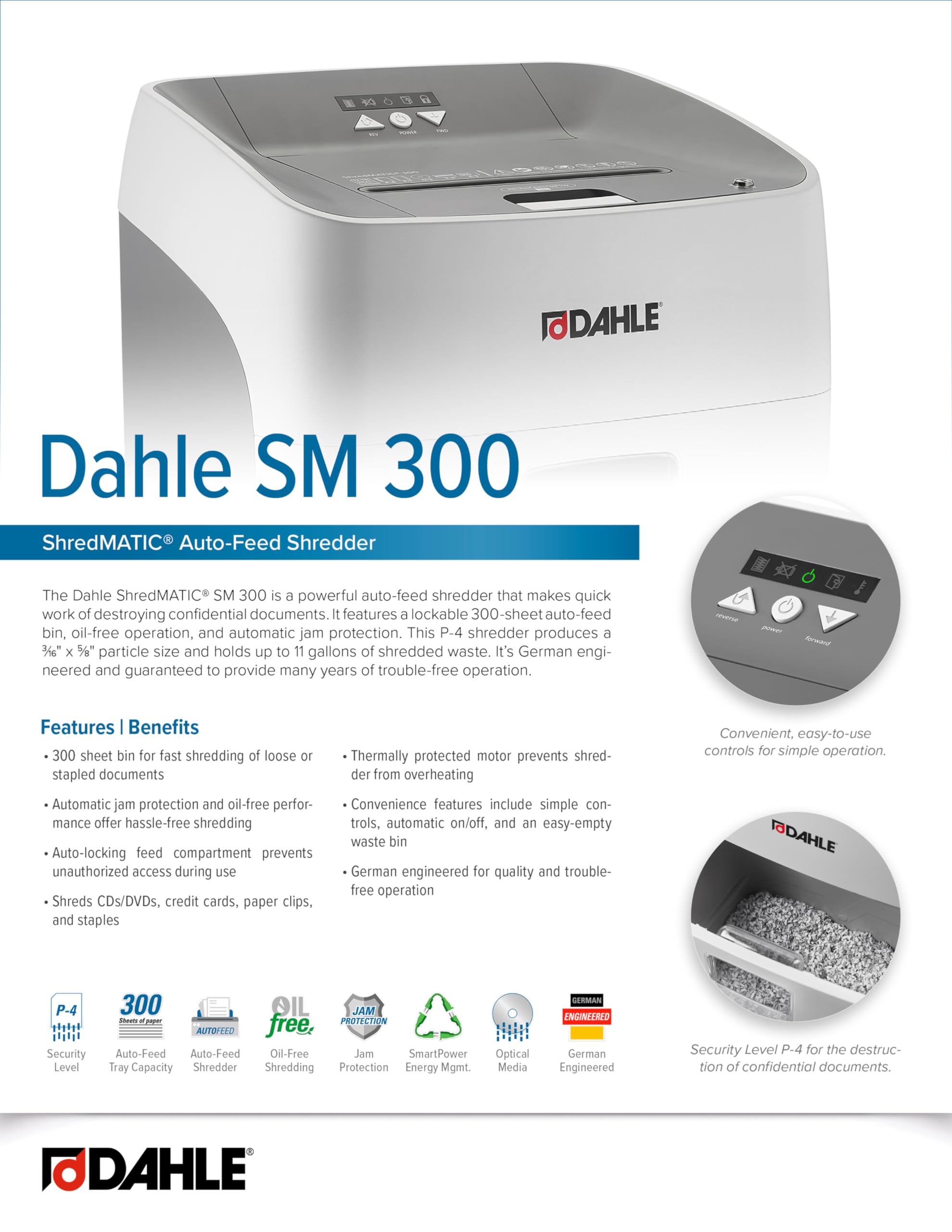 Dahle ShredMATIC SM 300 Auto-Feed Paper Shredder, 300 Sheet Locking bin, Oil-Free, Jam Protection, Security Level P-4, 3-5 Users