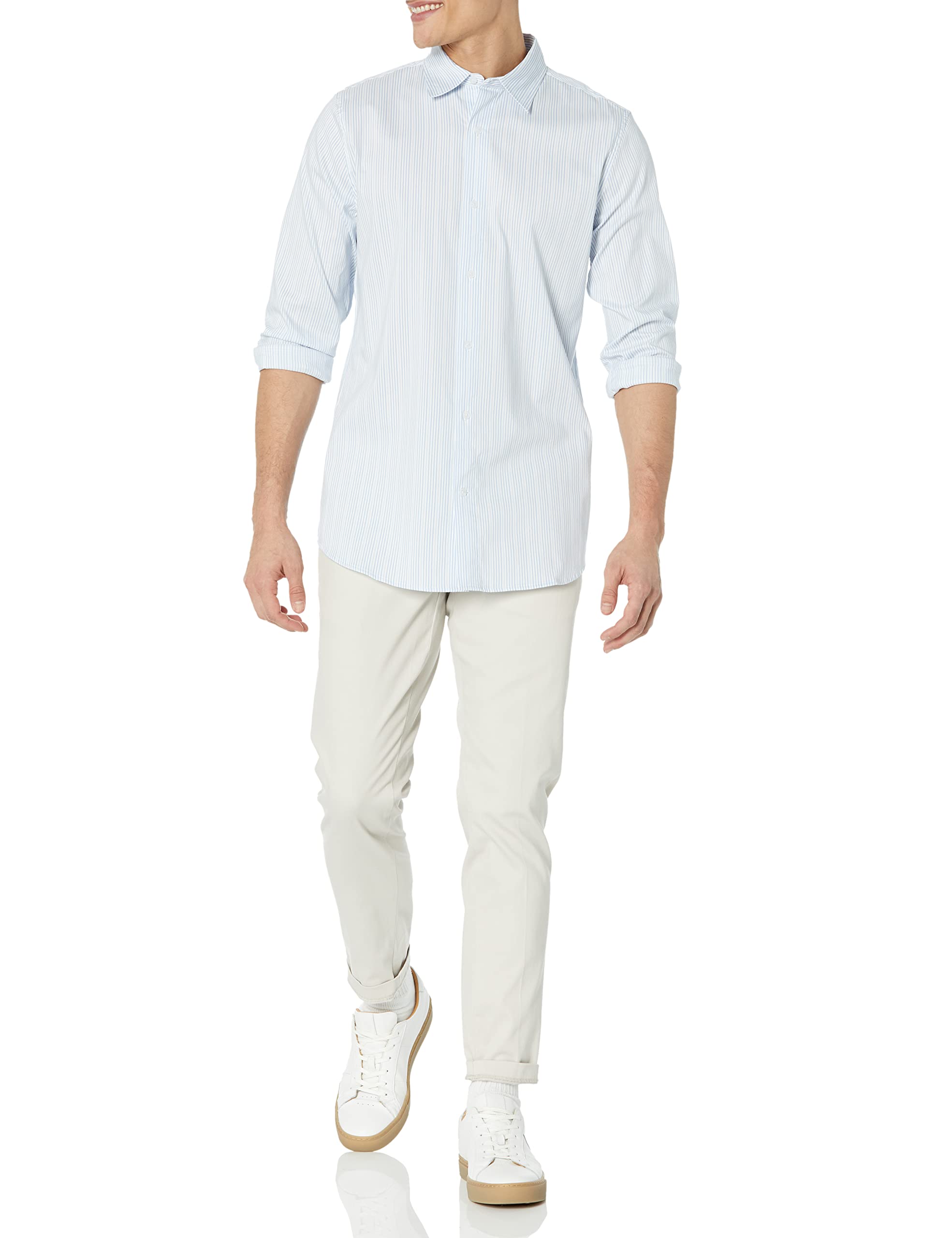 Amazon Essentials Men's Slim-Fit Long-Sleeve Stretch Dress Shirt, White Pinstripe, XX-Large