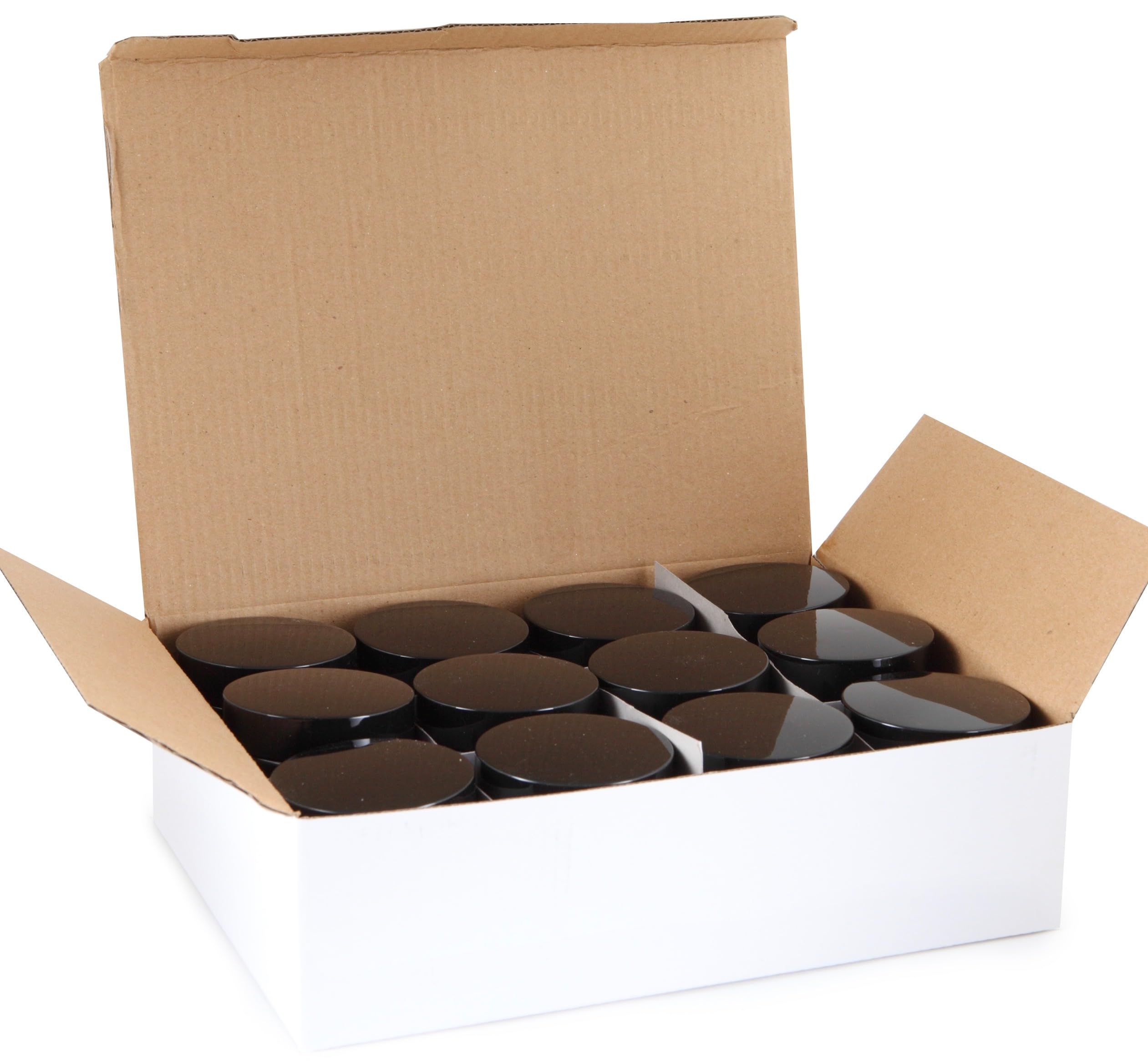 Vivaplex, 12, Amber, 4 oz, Round Glass Jars, with Inner Liners and black Lids