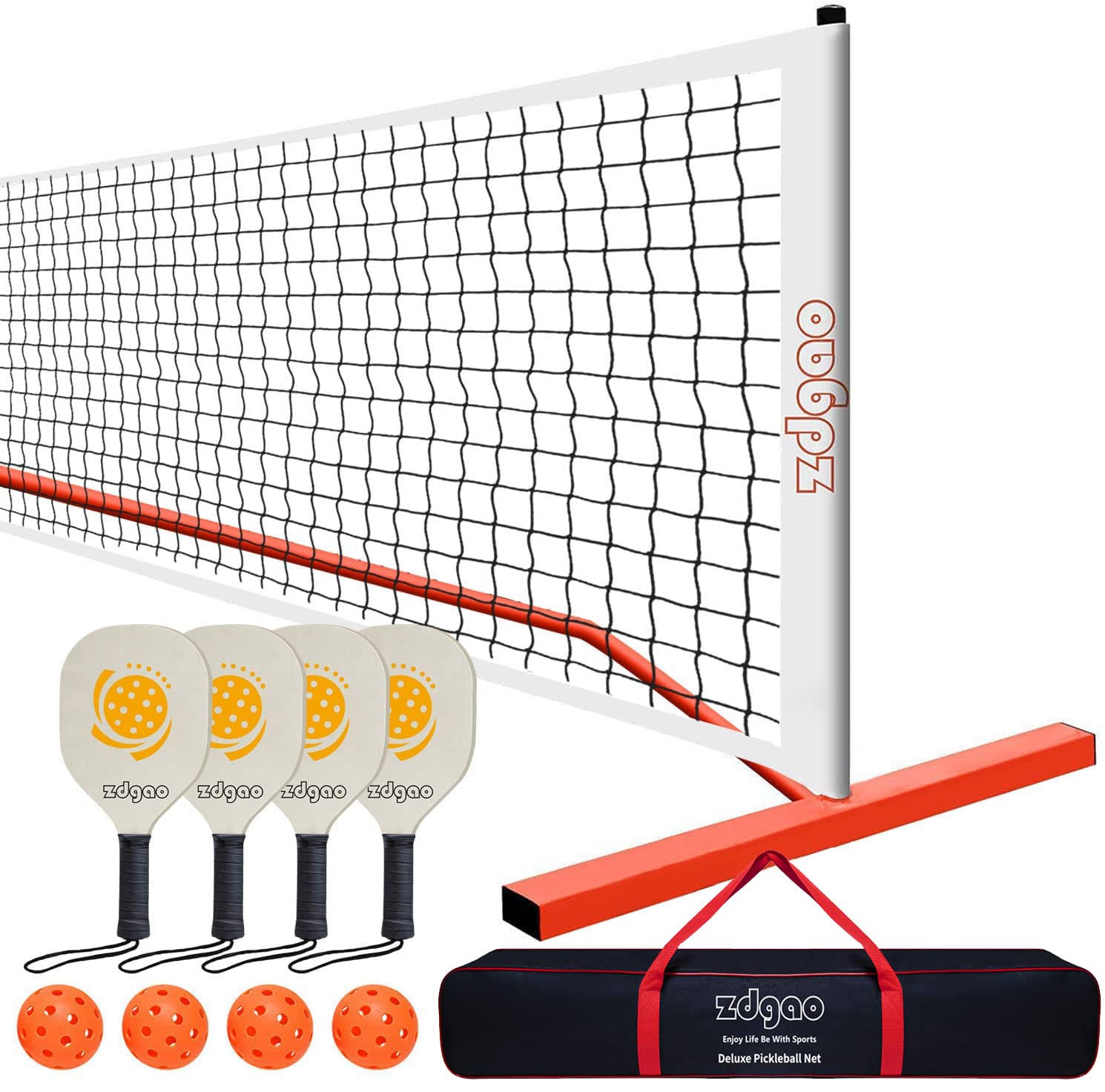 Portable Pickleball Net Set with 4 Pickleball Paddles, Official Size Pickleball Net, 4 Outdoor Pickleballs and Carry Bag, Weather Resistance Strong Steel Frame (Orange)