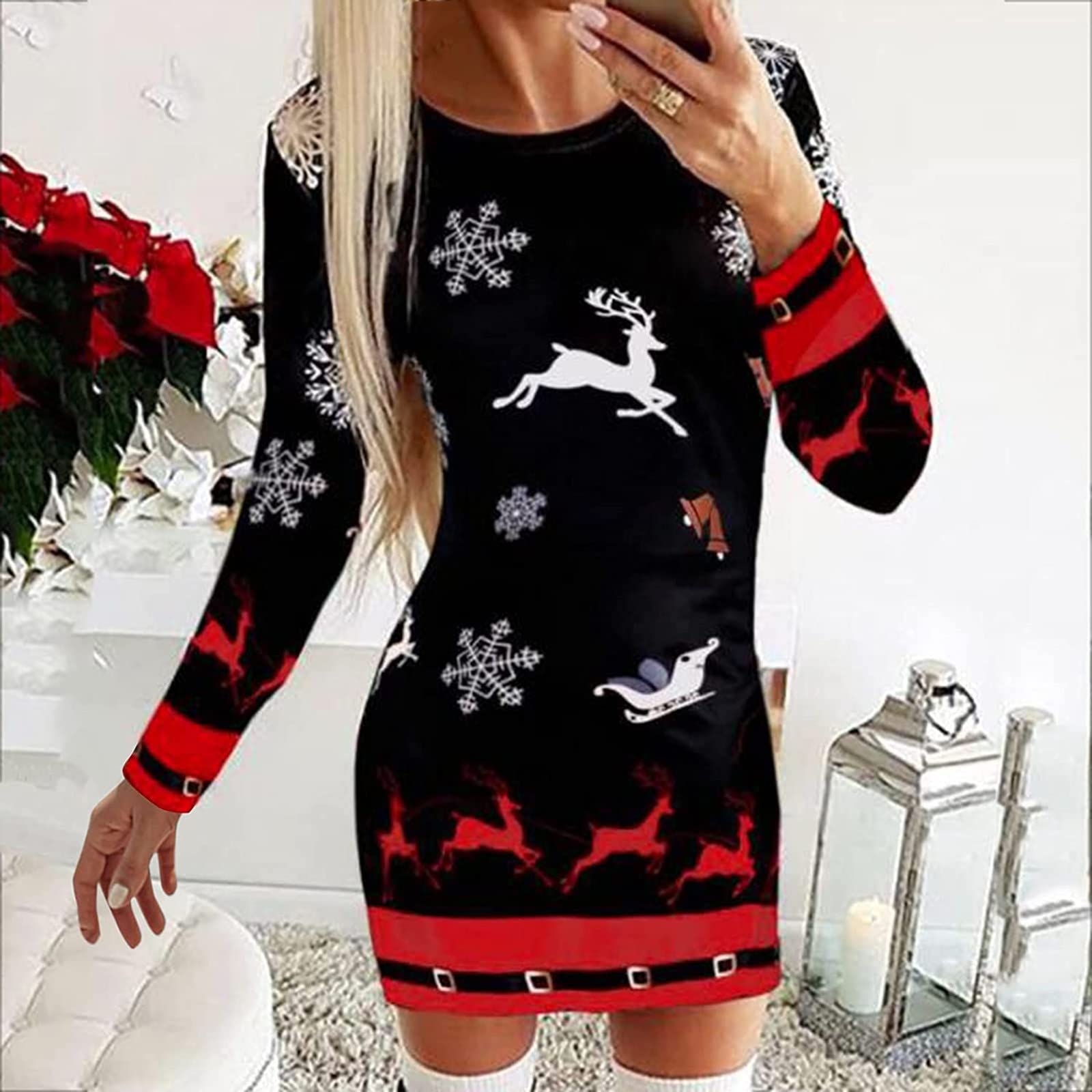 Black Warehouse Sale Clearance Ladies Crewneck Sweater Dress Happy Vacation Christmas Casual Going Out Dress for Juniors Long Sleeve Slimming Tunic Thin Long Winter Fall Dress 2025 Clothing XXL