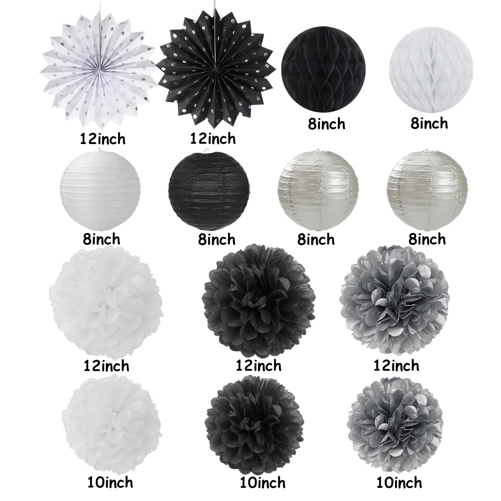 Black White Silver Party-Decorations Streamers-Lanterns - 14pc New Years Graduation 2024 Paper Fan, Bachelorette Birthday Wedding Baby Bridal Shower Tissue Pom Poms,Honeycomb Balls Decor Ouruola