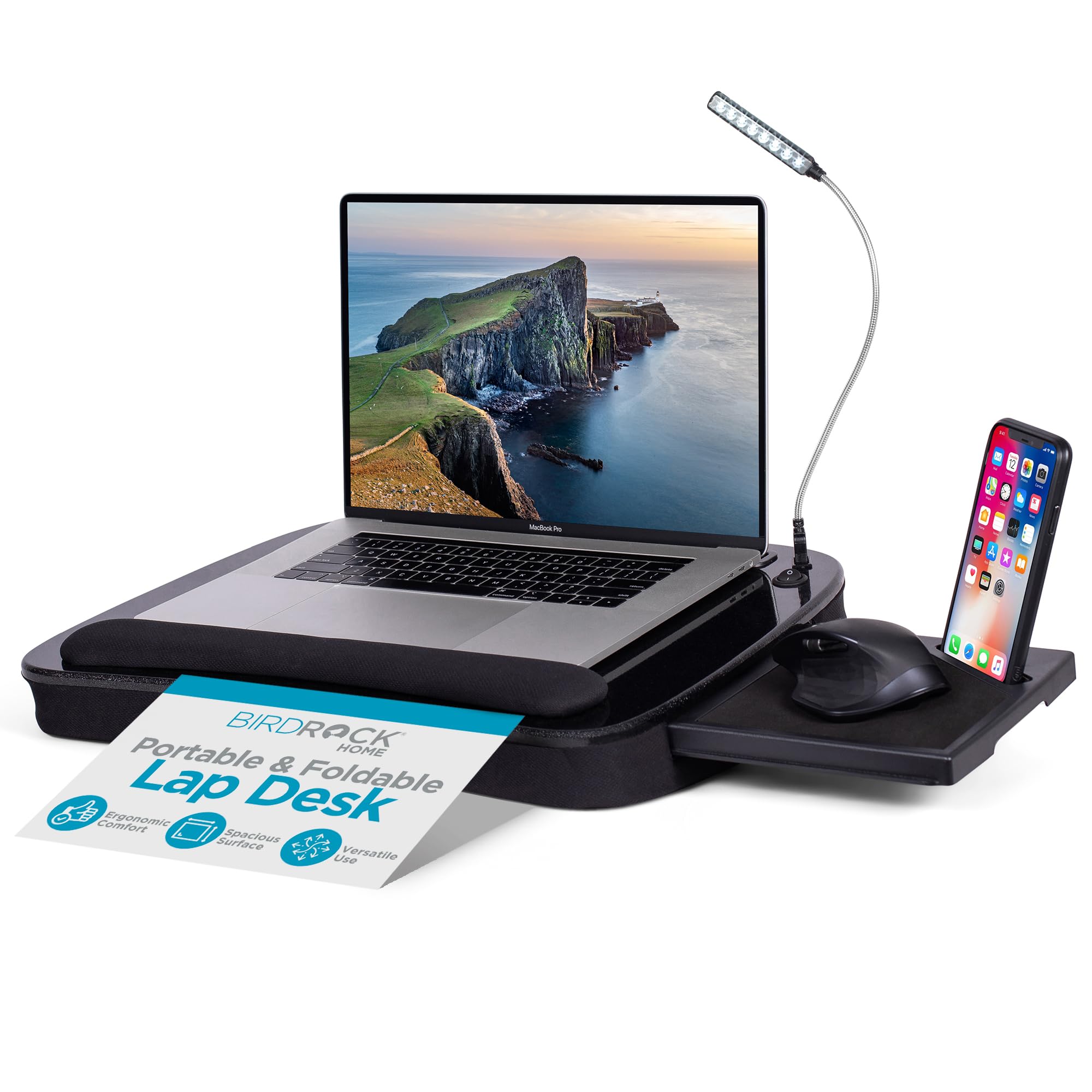SOFIA + SAM Multi-Tasking Memory Foam Lap Desk up to 15" Laptop w/USB Light & Mouse Pad - Portable Foldable Laptop Tray w/Cushion for Bed, Couch, Desk - Ergonomic Lapdesk for Home Office & Reading