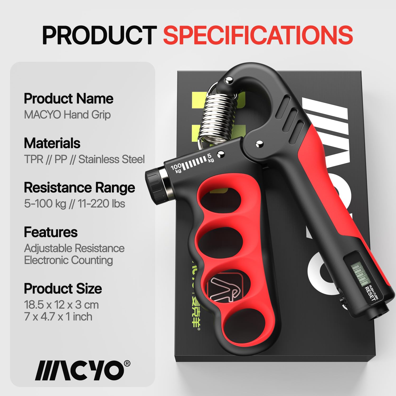 MACYO Grip Strength Trainer, Display Counter Hand Grip Strengthener with Adjustable Resistance 11-220Lbs(5-100KG), Ergonomic Design, Forearm Strengthener for Musicians Athletes and Injury Recovery (Orange)