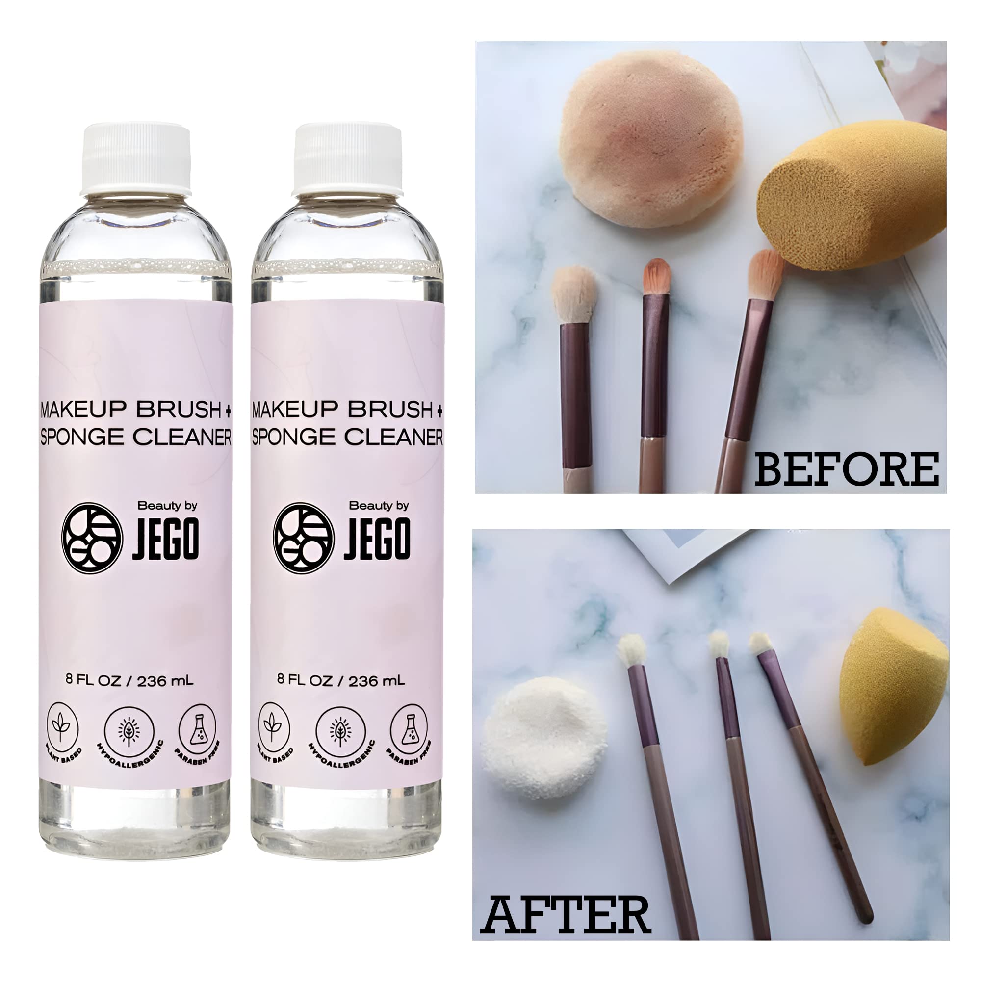 JEGO Makeup Brush Cleaner Solution - Sponge Cleaner - Make Up Brush Liquid Cleanser - Hypoallergenic & Plant-Based Solution Removes Makeup, Dirt, & Oil - 8 Oz (1 Bottle + Bowl)