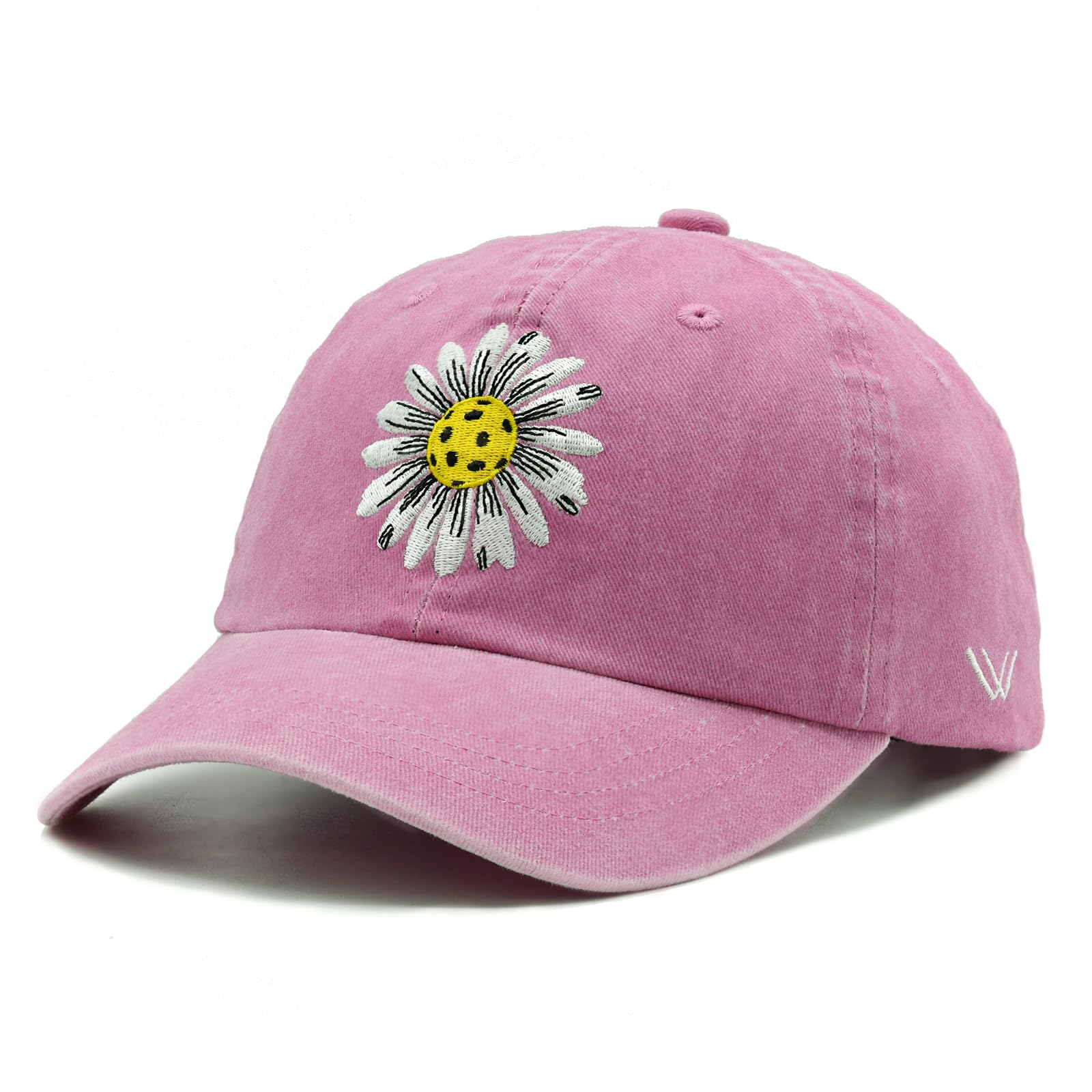 Waldeal Pickleball Hat for Women, Ajustable Embroidered Daisy Washed Denim Baseball Cap, Pink