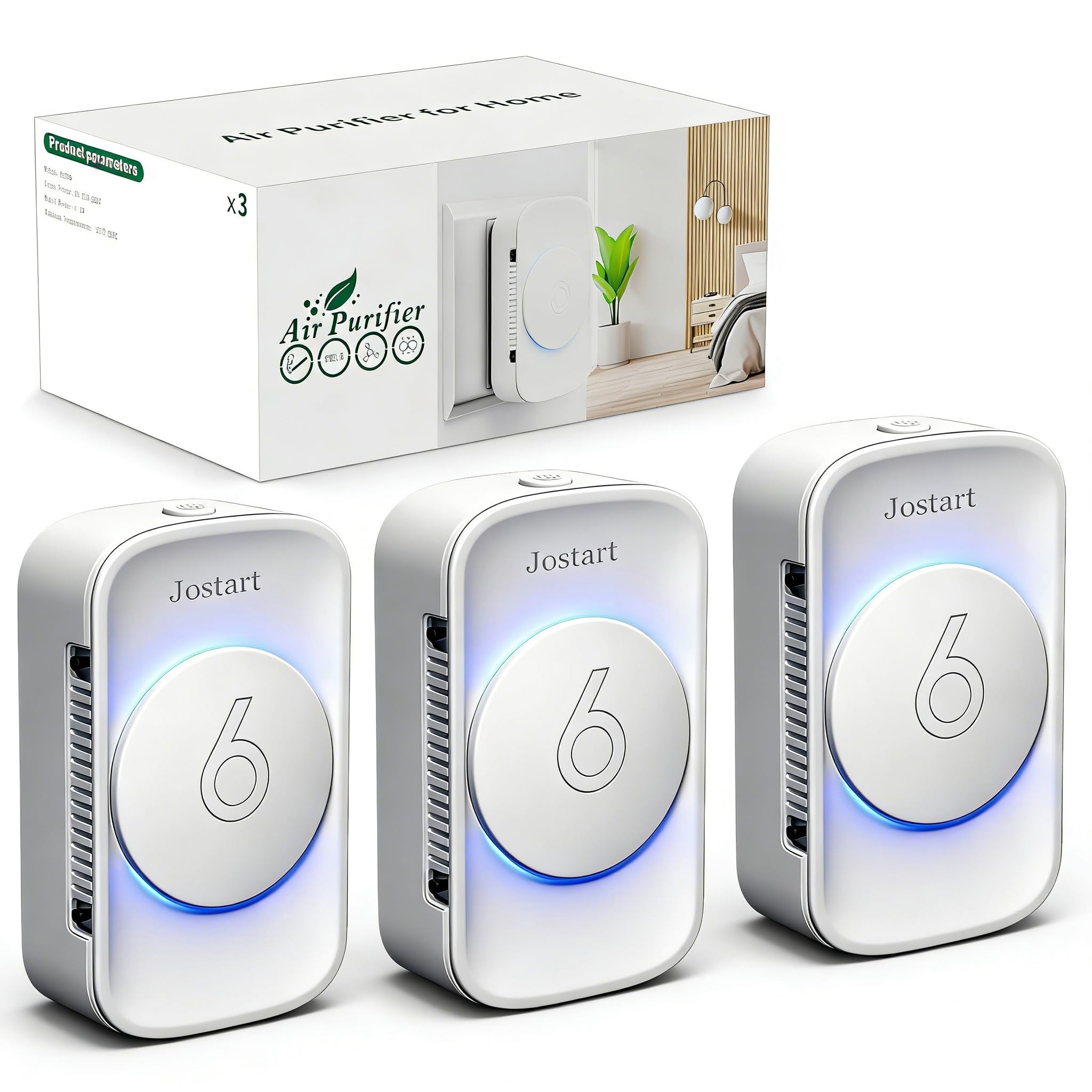 Air Ionizer for Home(3 pack), Ionic Air Purifier Plug in with 6 Carbon Fiber Tips, Ultra Quiet Portable Air Cleaner for Kitchen Bedroom Office Bathroom,Energy Efficient with Blue/Warm White Mood Light