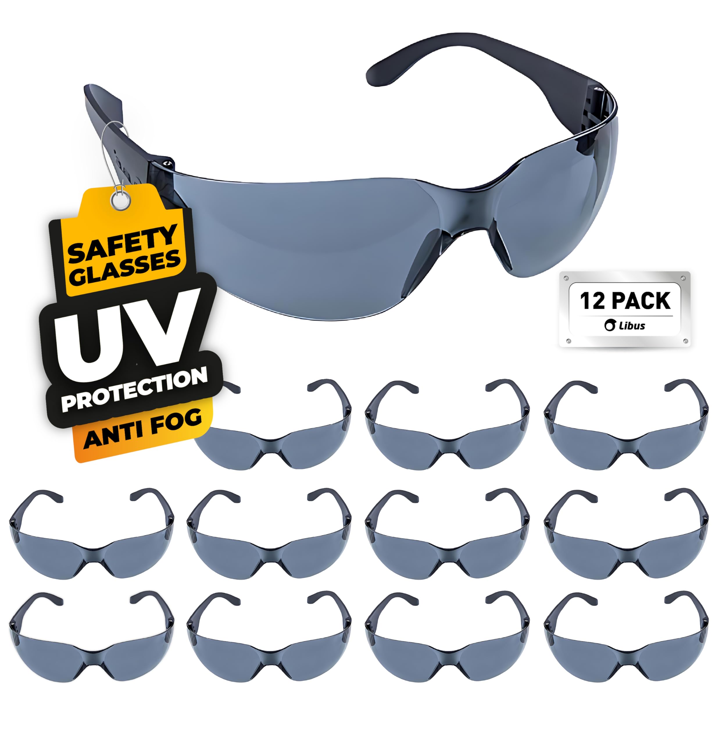 LIBUS Eco Line Safety Glasses: Anti-scratch, EN166/UV Prot., Unisex. Polycarbonate for front/side impact & dust. Cat eye. (12, Gris HC)