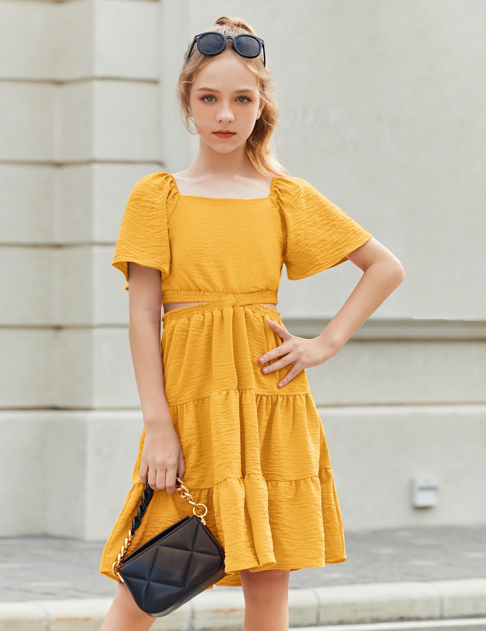 Arshiner Girls Dresses Off Shoulder Cut Out Shirred Tiered Vacation Yellow Spring Dress 13-14