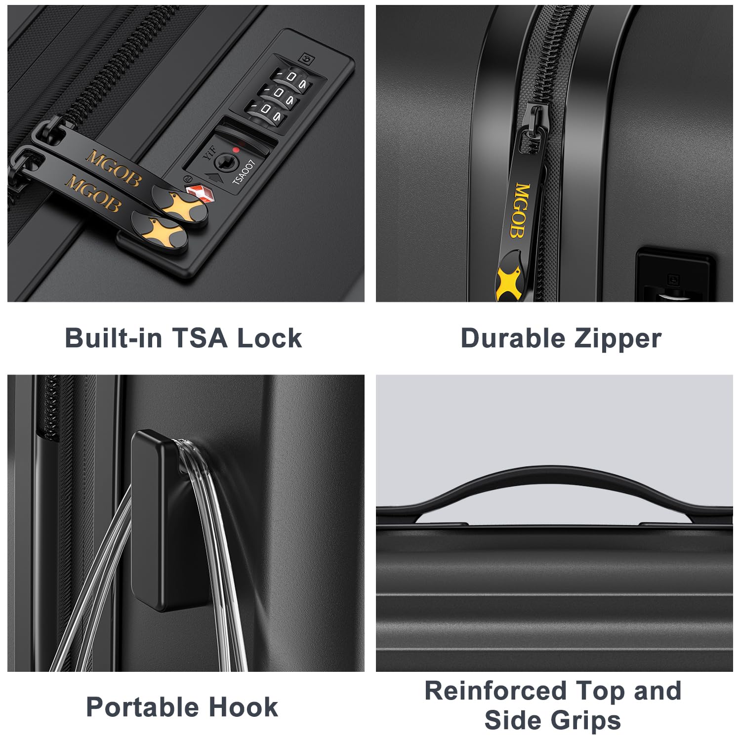 MGOB Carry On Luggage 22x14x9 Airline Approved, PC Hard Suitcases with Spinner Wheels, Lightweight Luggage, TSA Approved, 20 Inch Carry-On, Black