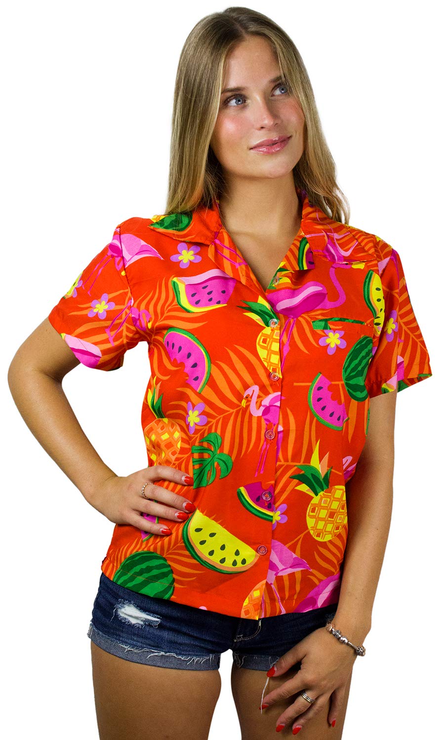 KING KAMEHA Hawaiian-Blouse Women Fruit-Designs Regular-Blouse Short-Sleeve, Flamingo-Melon, Orange, XS