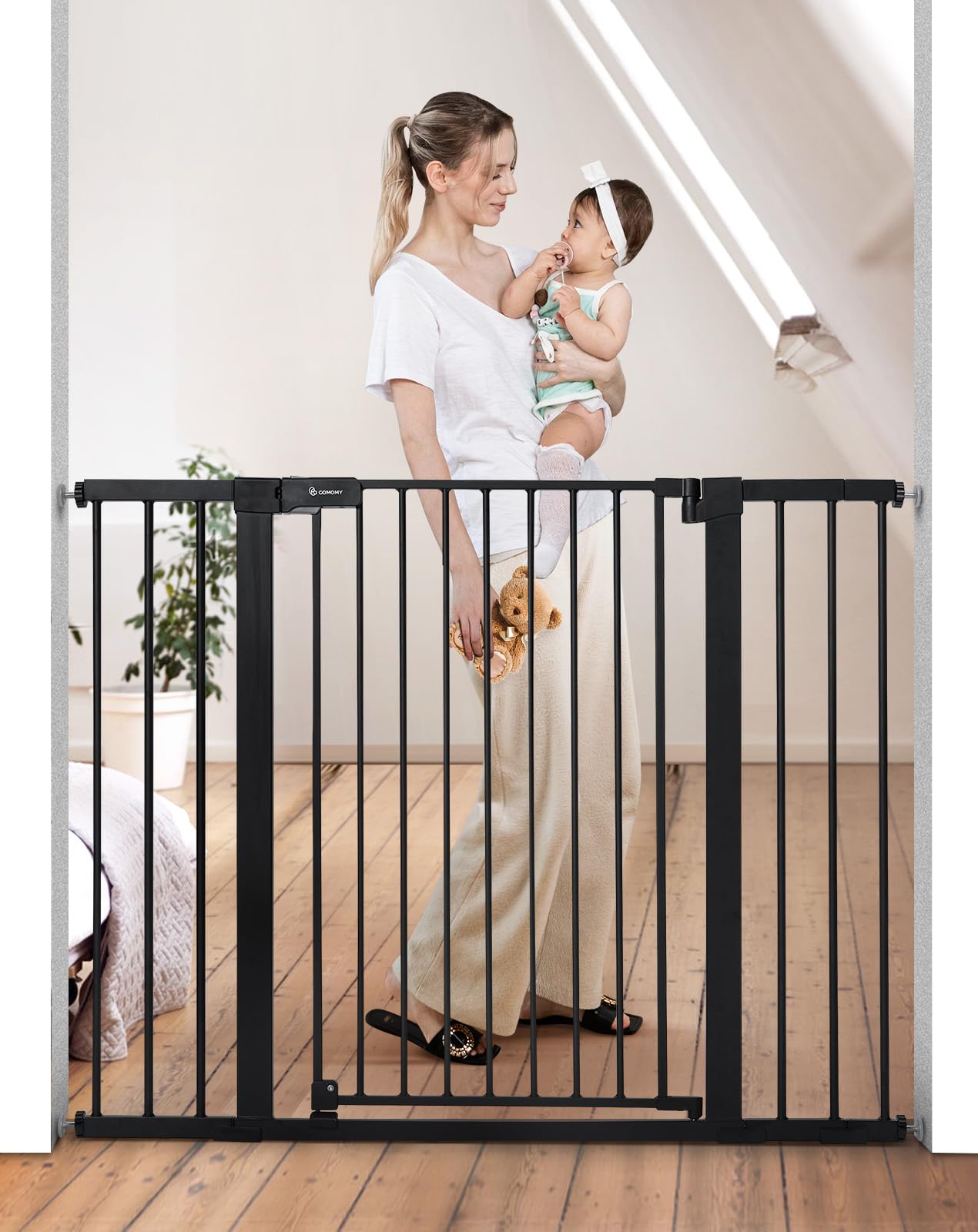 COMOMY 36" Extra Tall Baby Gate for Stairs Doorways, Fits Openings 29.5" to 48.8" Wide, Auto Close Extra Wide Dog Gate for House, Pressure Mounted Easy Walk Through Pet Gate with Door, Black