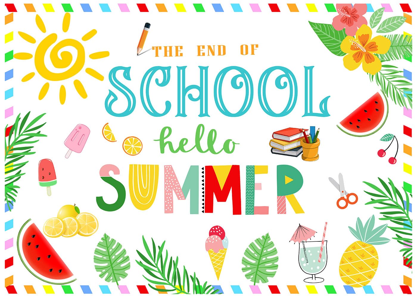 White End of School Backdrop Hello Summer Background School's Out of Summer Banner, Ladvis 82.7"x 59" Kids Boys Girls Holiday Party Decorations Tropical Photoshoot Supplies Photography Photo Props