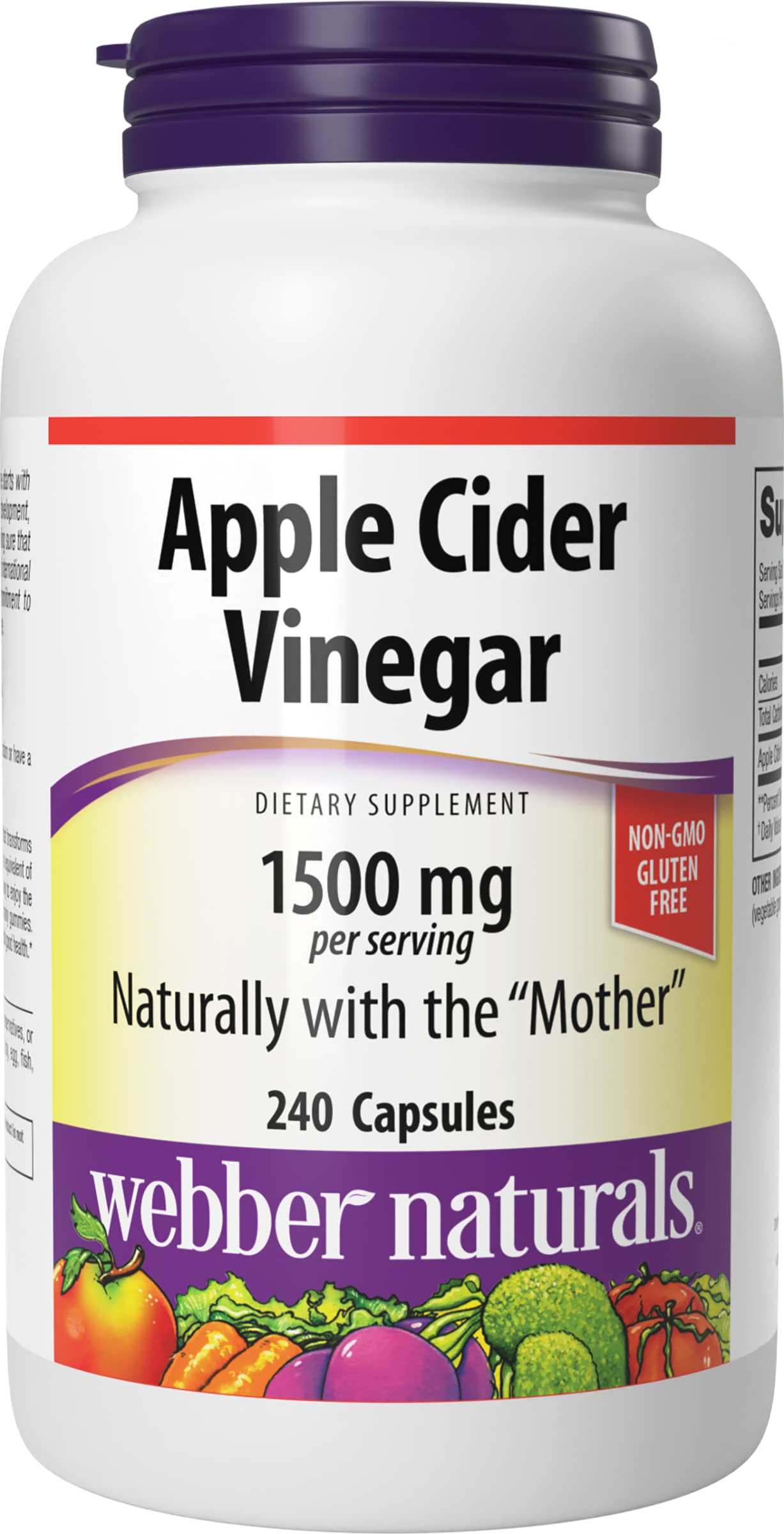 Webber Naturals Apple Cider Vinegar Capsules with The Mother, 1,500 mg per Serving, High Potency, 240 Capsules, Natural Digestion Support, Non-GMO, Gluten, Dairy & Sugar Free