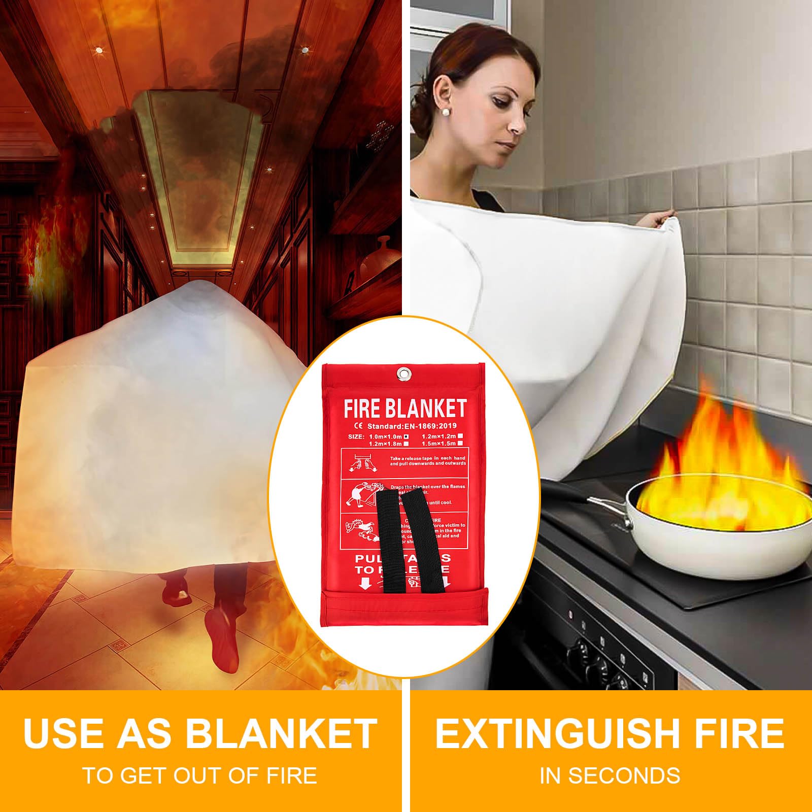 JT JUSTIME Fire Blanket Emergency for Home Kitchen, Fiberglass Fire Suppression Blanket for School, Fireplace, Outdoor Grill, Car, Office, Warehouse (2 Pack)