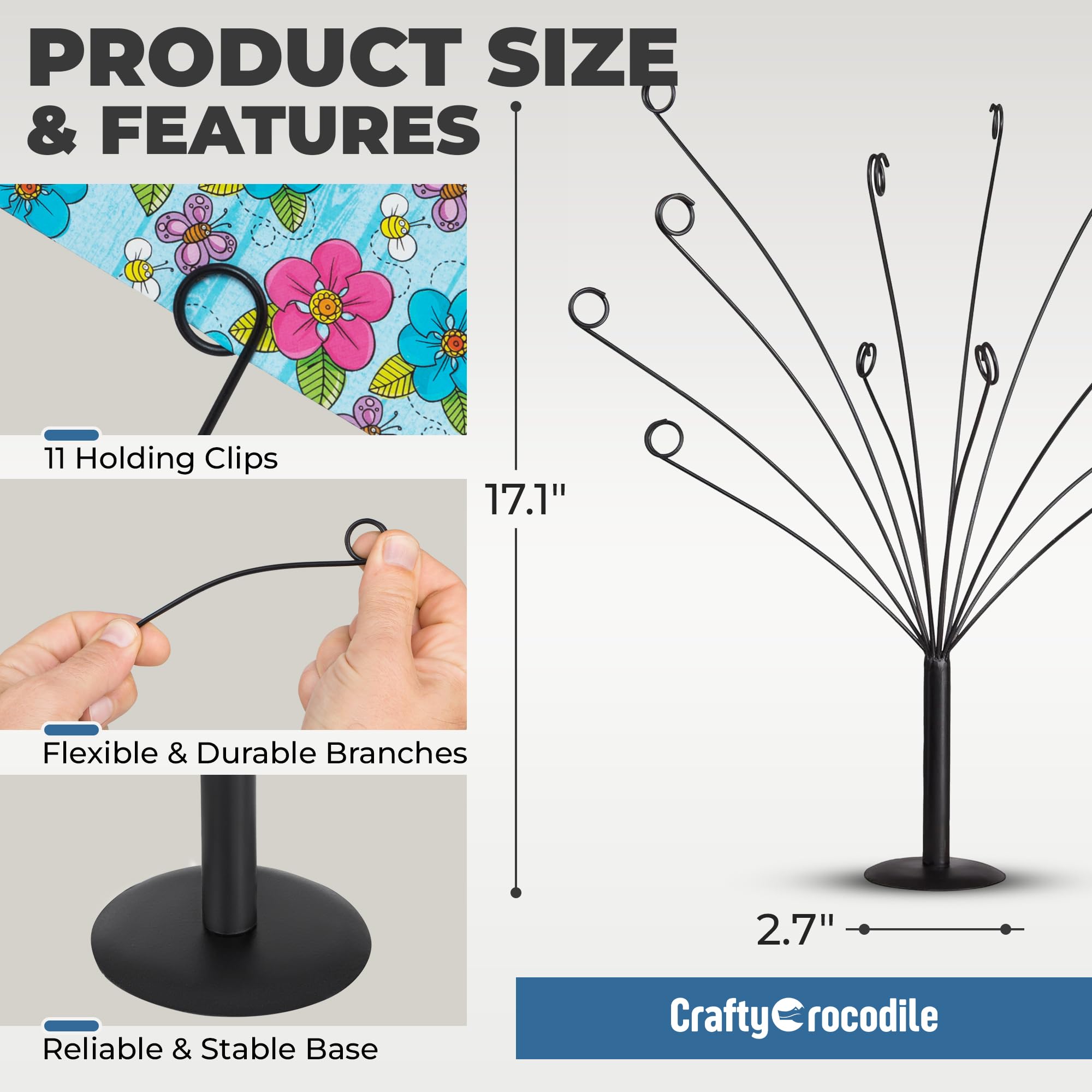 CraftyCrocodile Gift Card Tree Holder – Metal Display Stand with 11 Flexible Clips for Photos, Cards & Notes – Matte Black Finish