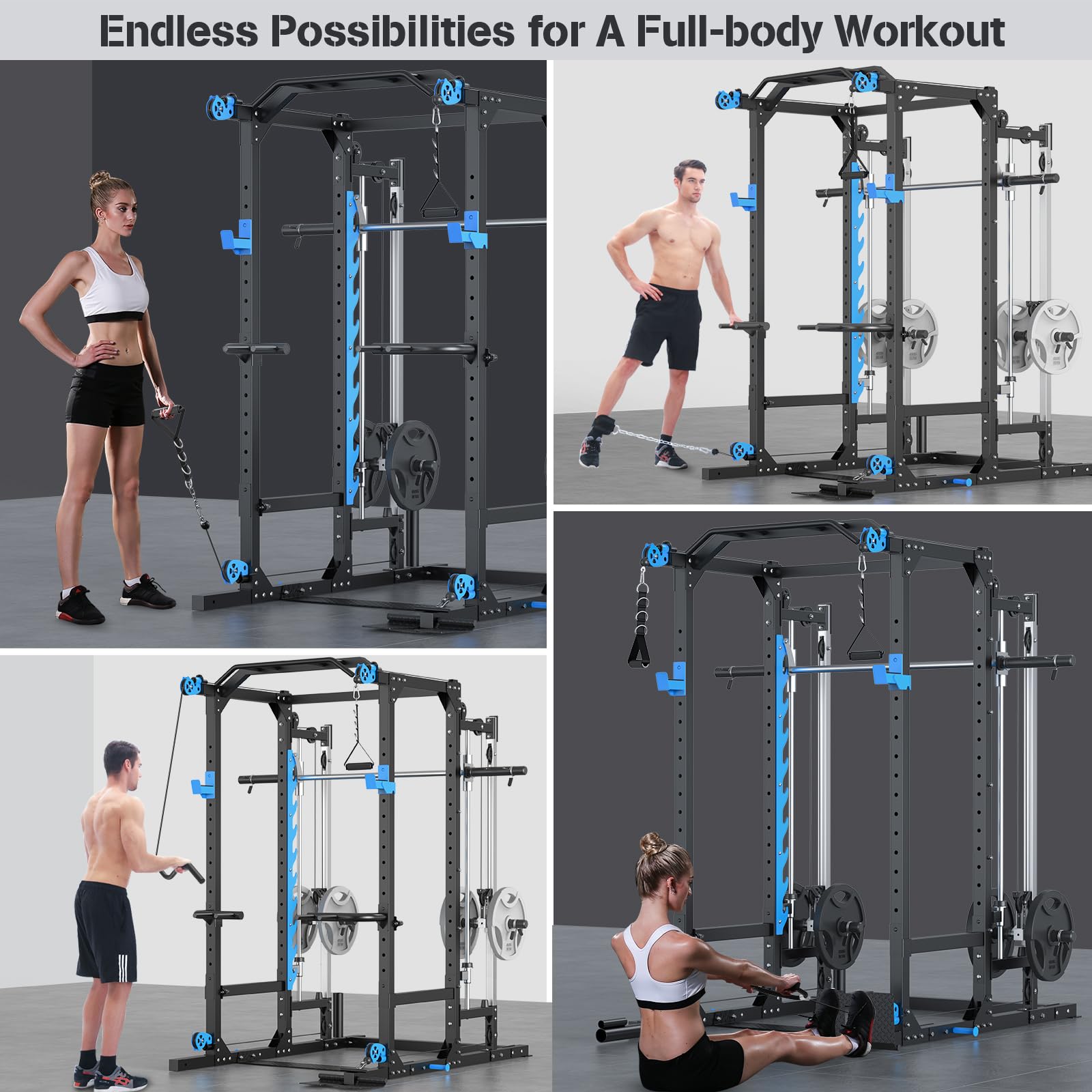Multifunctional Power Cage Rack with Cable Crossover/Smith Machine System, LAT-Pull Down System,Squat Rack and More Training Attachments for Home Gym