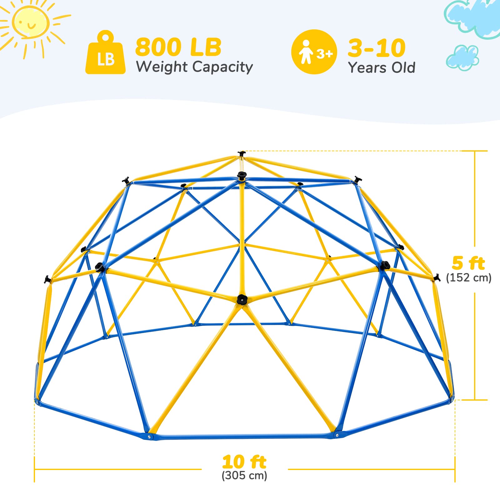Jugader Upgraded 10FT Jungle Gym with Canopy and Swing, Climbing Dome for Kids Outdoor, Weight Capability 800LBS, Rust and UV Resistant Steel