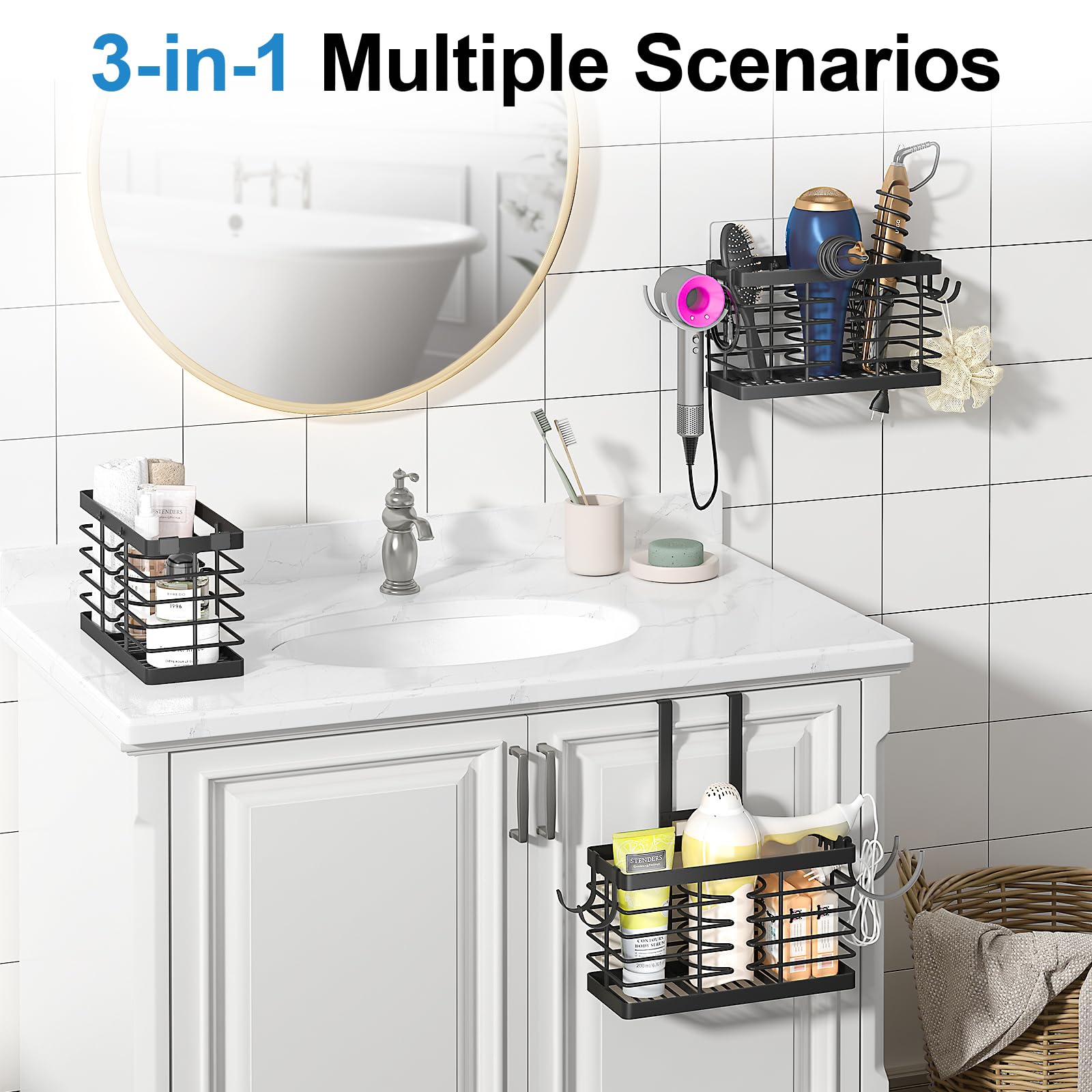Sevenblue Hair Tool Organizer, 3-in-1 Universal Hair Dryer Holder, Adjustable Height Metal Blow Dryer Holder Wall Mounted/Over Cabinet Door/Free-Standing (Black)