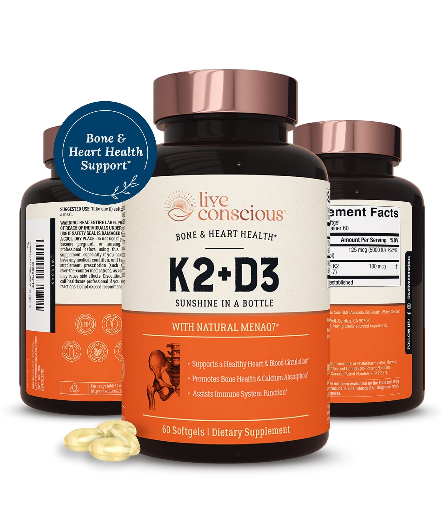 Live Conscious Vitamin K2 MK7 with D3 Supplement | Bone & Heart Health Support - Patented Vitamin K & Vitamin D3 5000 IU - 60 Softgels