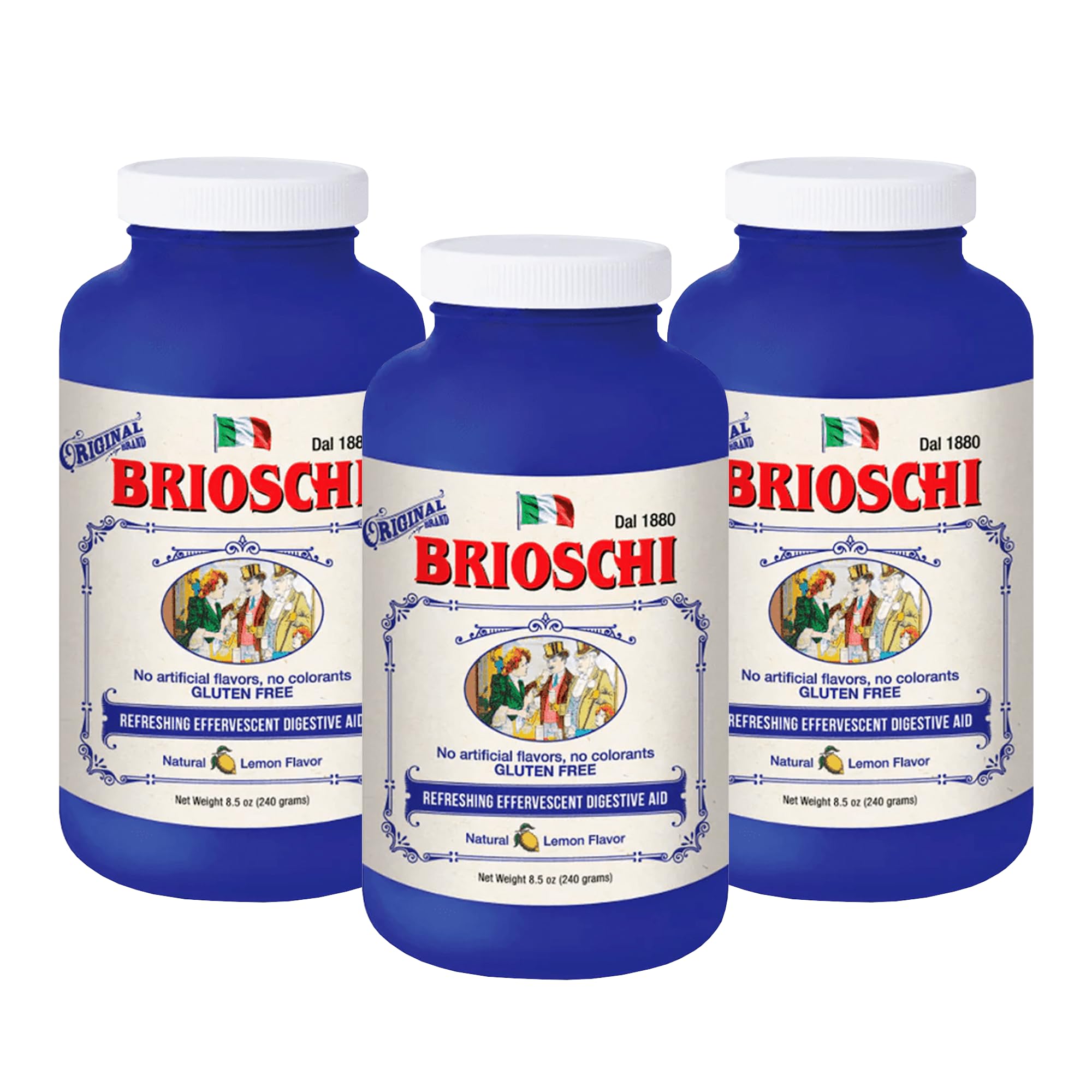 Brioschi Italian Lemon Flavored Effervescent Heartburn, Upset Stomach, Acid Indigestion, 8.5 oz Bottle (Pack of 3)
