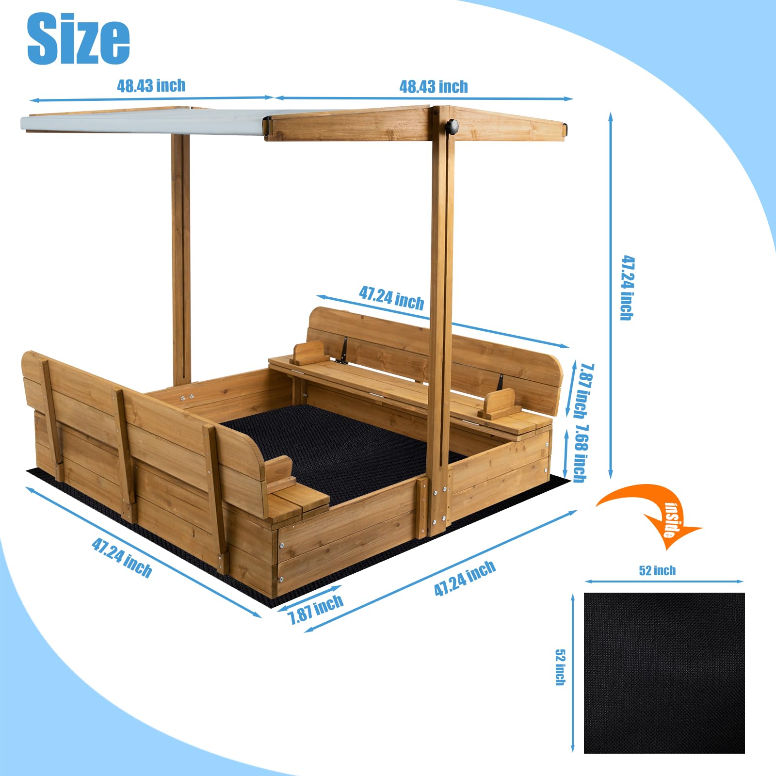 PetsCosset Wooden Sandbox with Cover, Sand Boxes for Kids Outdoor with Lid, Sandbox with 2 Foldable Bench Seats for Backyard (47x47in), UV-Resistant & Adjustable Height Roof, Gift for Ages 2-8