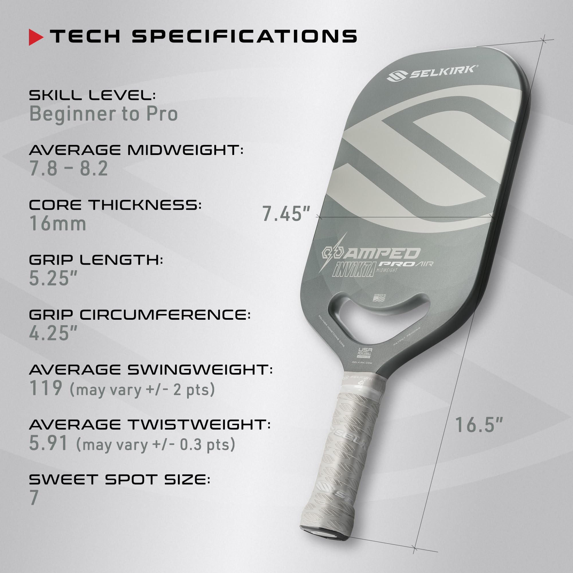 2024 Selkirk Amped Pro Air Pickleball Paddle | Fiberglass Pickleball Paddle with a Polypropylene X5+ 16mm Core | Throatflex | Flex Foam | Pickleball Rackets Made in The USA | Invikta Silver