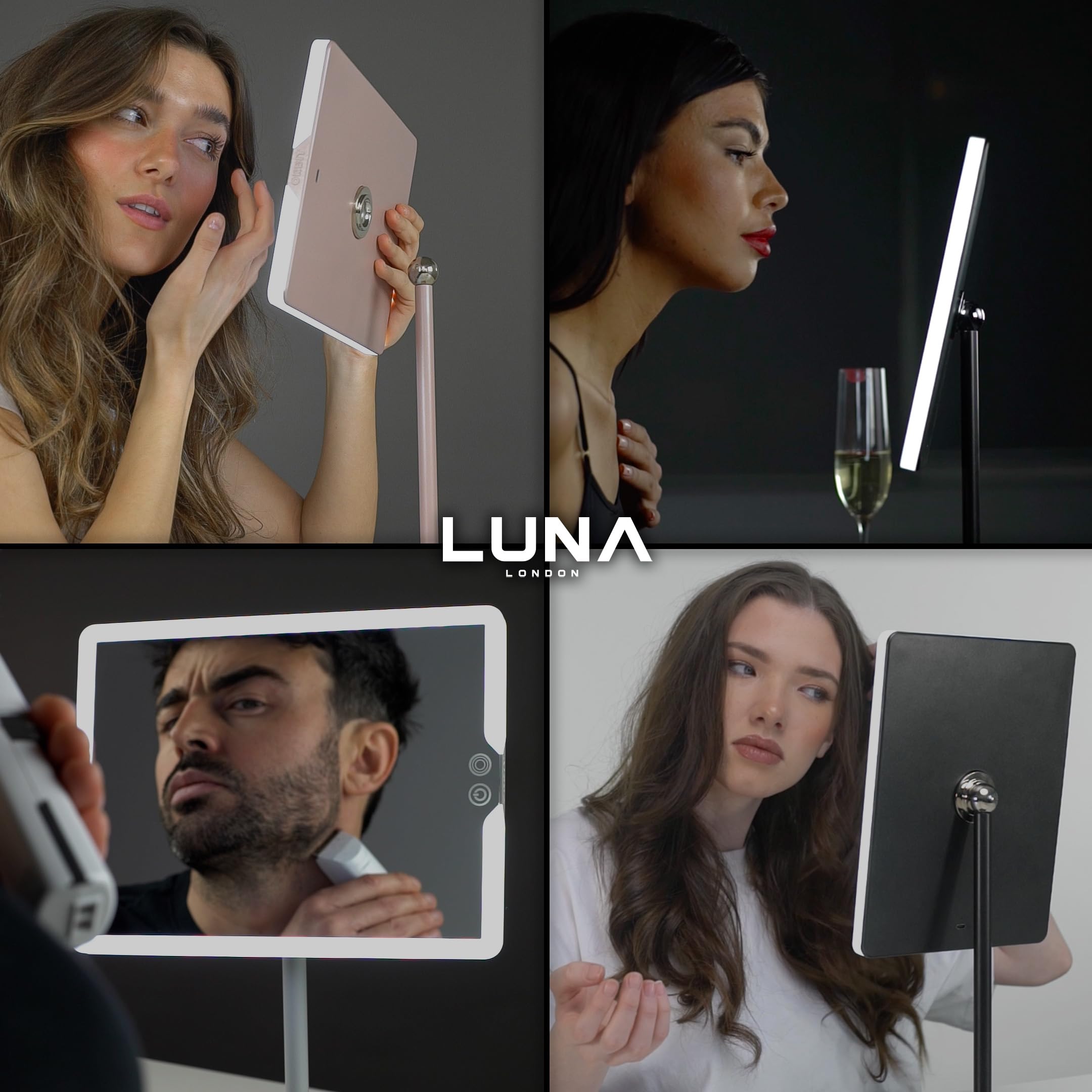 LUNA London Orbit Mirror | Vanity Mirror with Lights, Makeup Mirror, LED Lighted Desk Mirror with Light for Tabletop 7X 1X Magnification Dimmable and Rechargeable | Phantom Black