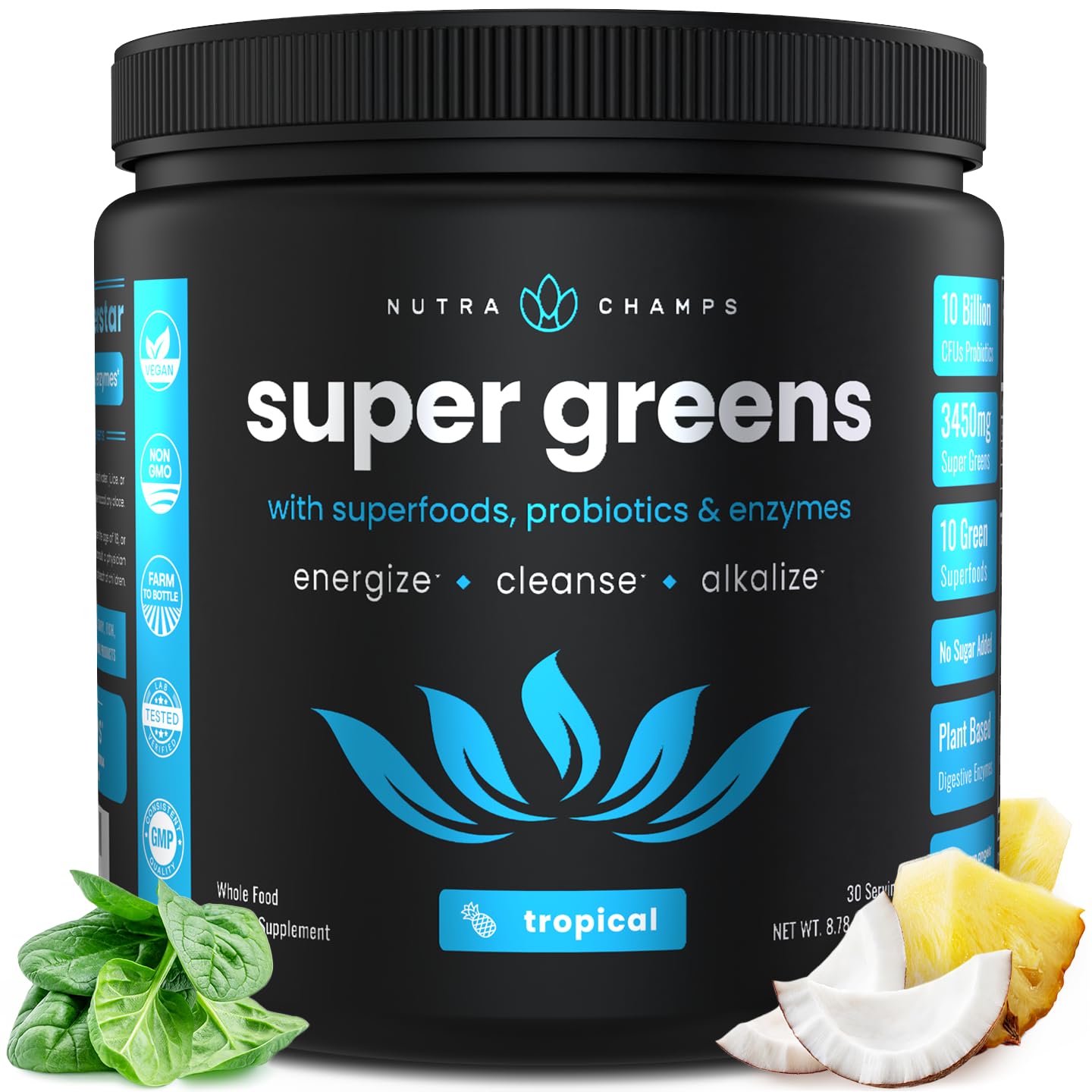 NutraChamps Super Greens Powder Premium Superfood | 20+ Organic Green Veggie Whole Foods | Alfalfa, Spirulina, Chlorella & More | Antioxidant, Digestive Enzyme & Probiotic Blends | Tropical