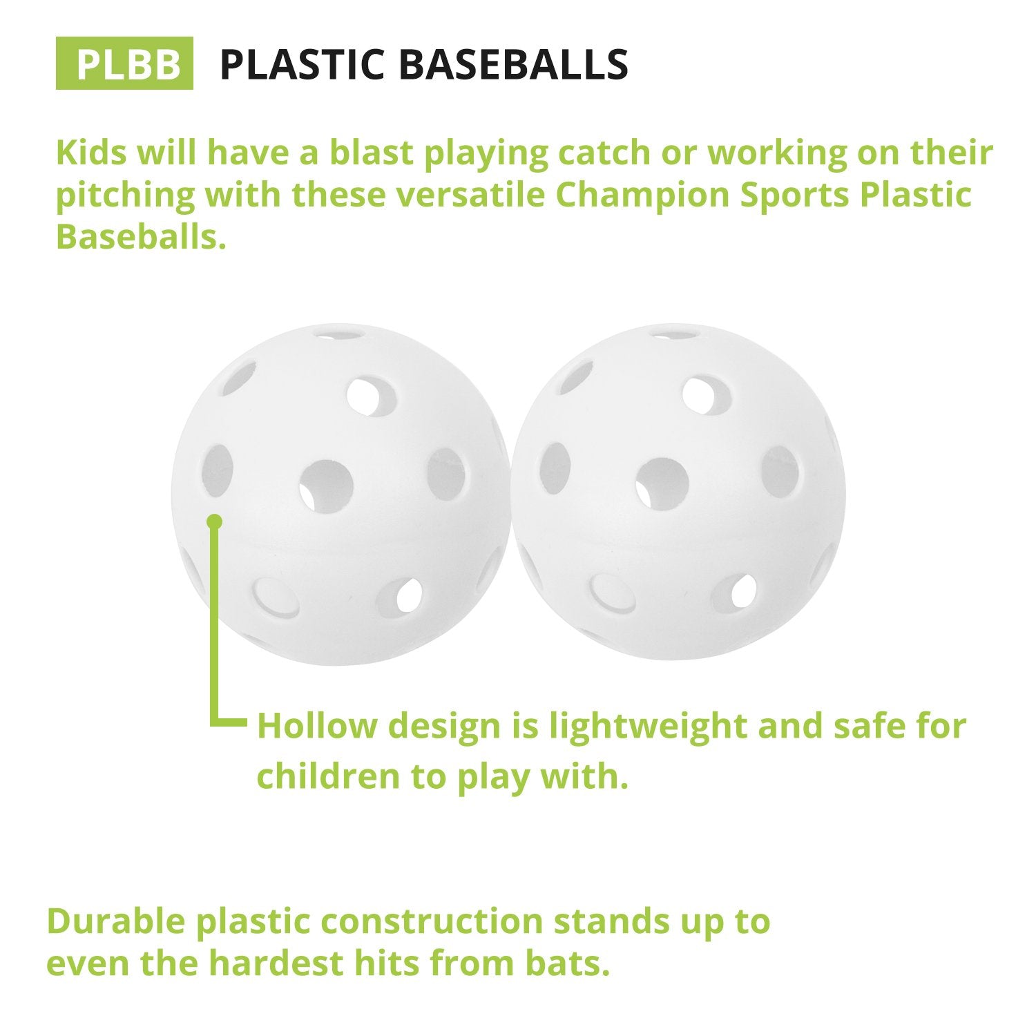 Champion Sports 9" Hollow Plastic Baseballs - Athletic Baseball Equipment - Practice Baseballs Plastic Hollow - Regulation Size Balls - Fun for All Ages - Lightweight/Durable - Pack of 12