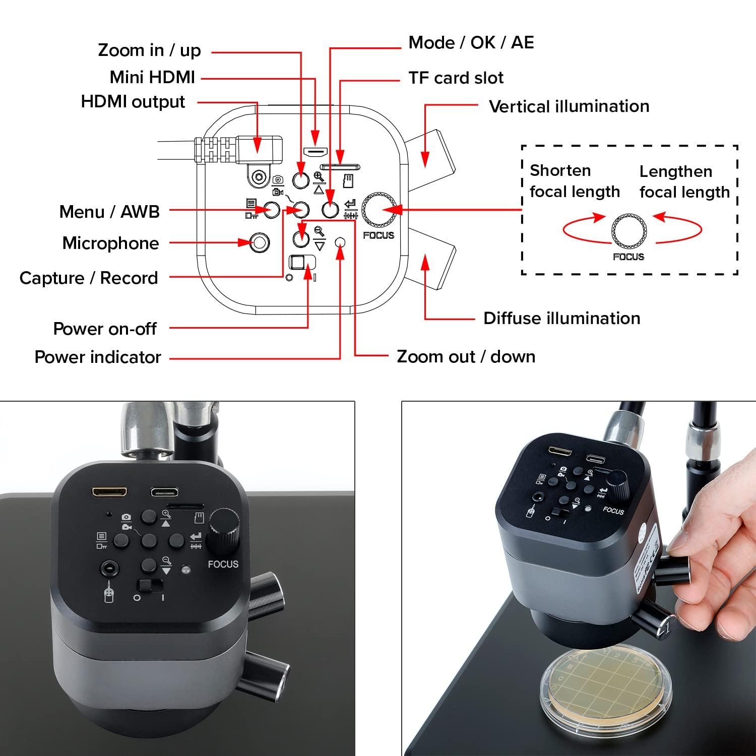 AmScope UHM210 Series 1080p 2.0MP HDMI Digital Microscope on 11" Articulating Arm