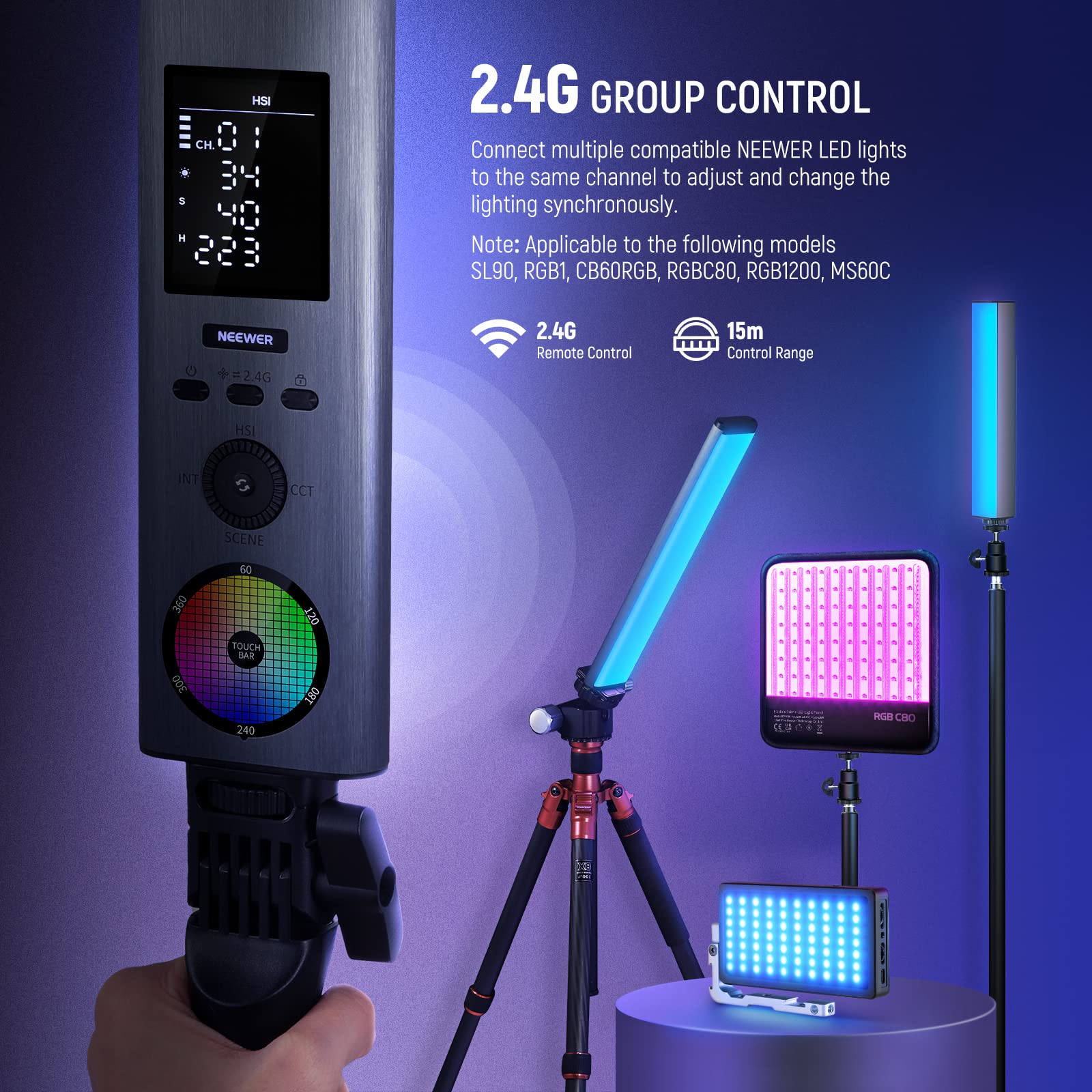 NEEWER RGB Light Wand with 2.4G/APP Control, Upgraded 360° Touchable RGBWW Hue Mixer Photography Handheld LED Video Lighting Stick with 2500K-10000K, CRI/TLCI97+, 18 Scenes, 7.4V/31Wh Battery, BH-30S