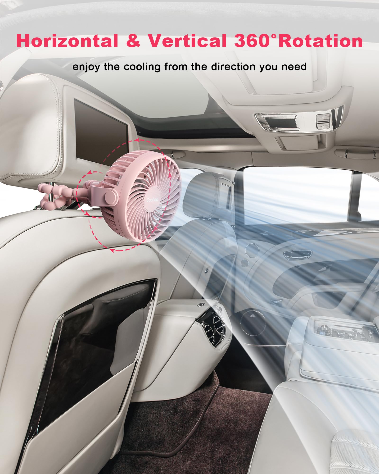 Coohea Stroller Fan Clip on Baby Fan USB Rechargeable Small Fan Battery Operated Portable Fan, Flexible Tripod for Car Seat Backseat Bike Beach Travel Trip Camping, 360°Rotatable, 3 Wind Speed, Pink
