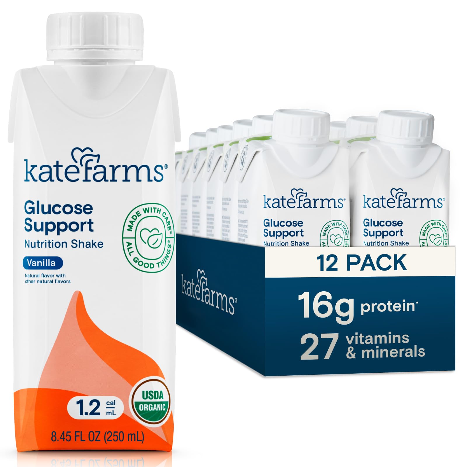 KATE FARMS Organic 1.2 Glucose Support Shake, Vanilla, 16g Protein, 27 Vitamins and Minerals, Diabetic Nutrition Meal Replacement, 8.45 oz (12 Pack)