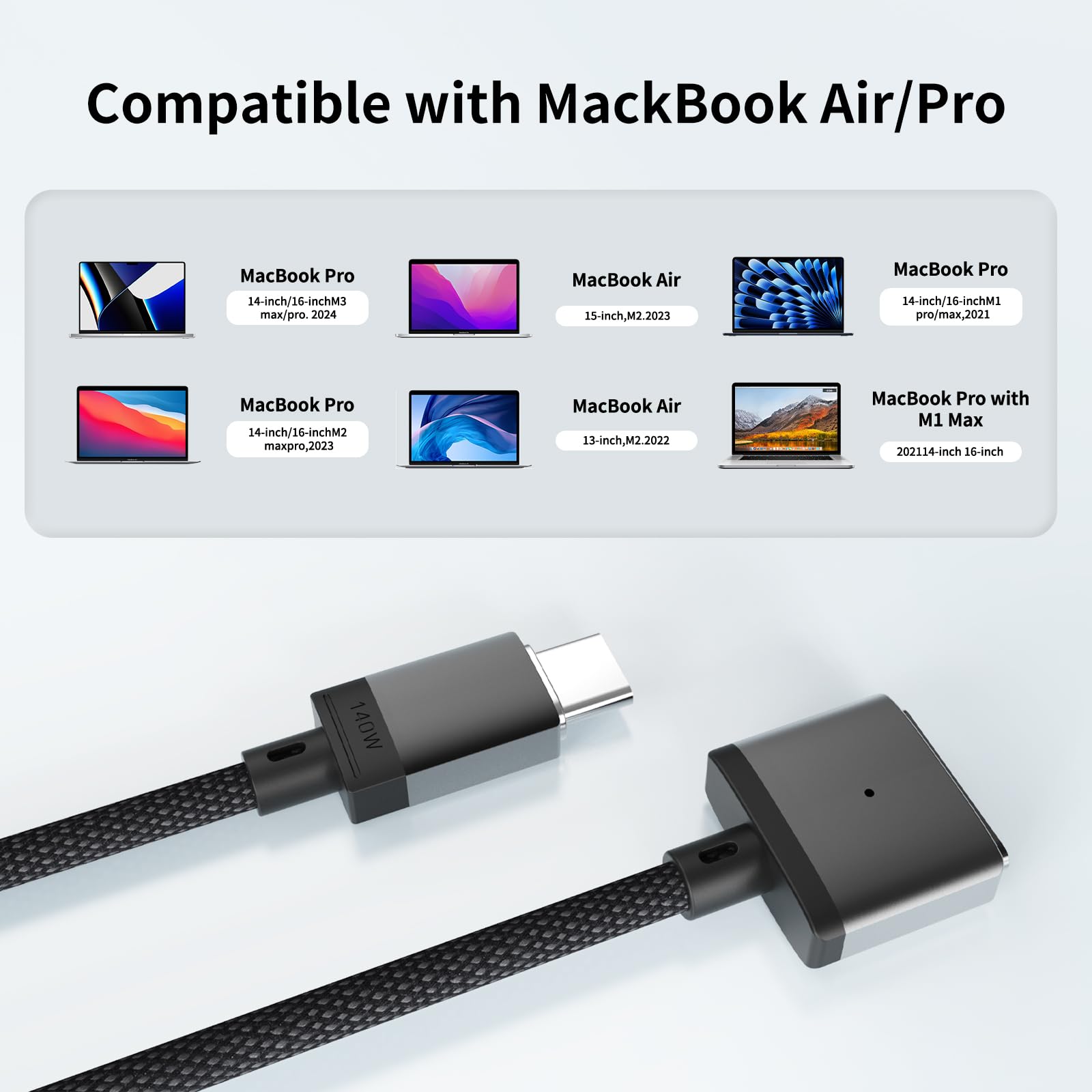 Tttyruei 140W USB-C To Magnetic 3 Cable,6.6FT/2M Magnetic Charging Cable For MacBook Air 2024 M3 13/15inch,MacBook Pro 2023 M2 Pro & Max 14"16",MacBook Air 2022/2023 M2,MacBook Pro 2021 Max&M1 14"16"