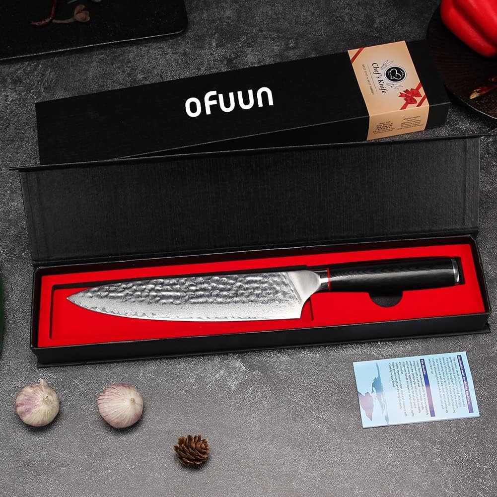 oFuun Chef Knife, 8 Inch Damascus Kitchen Knife, Professional Japanese VG-10 High Carbon Stainless Steel Kitchen Cooking Knife - G10 Ergonomic Handle with Gift Box (CW0)