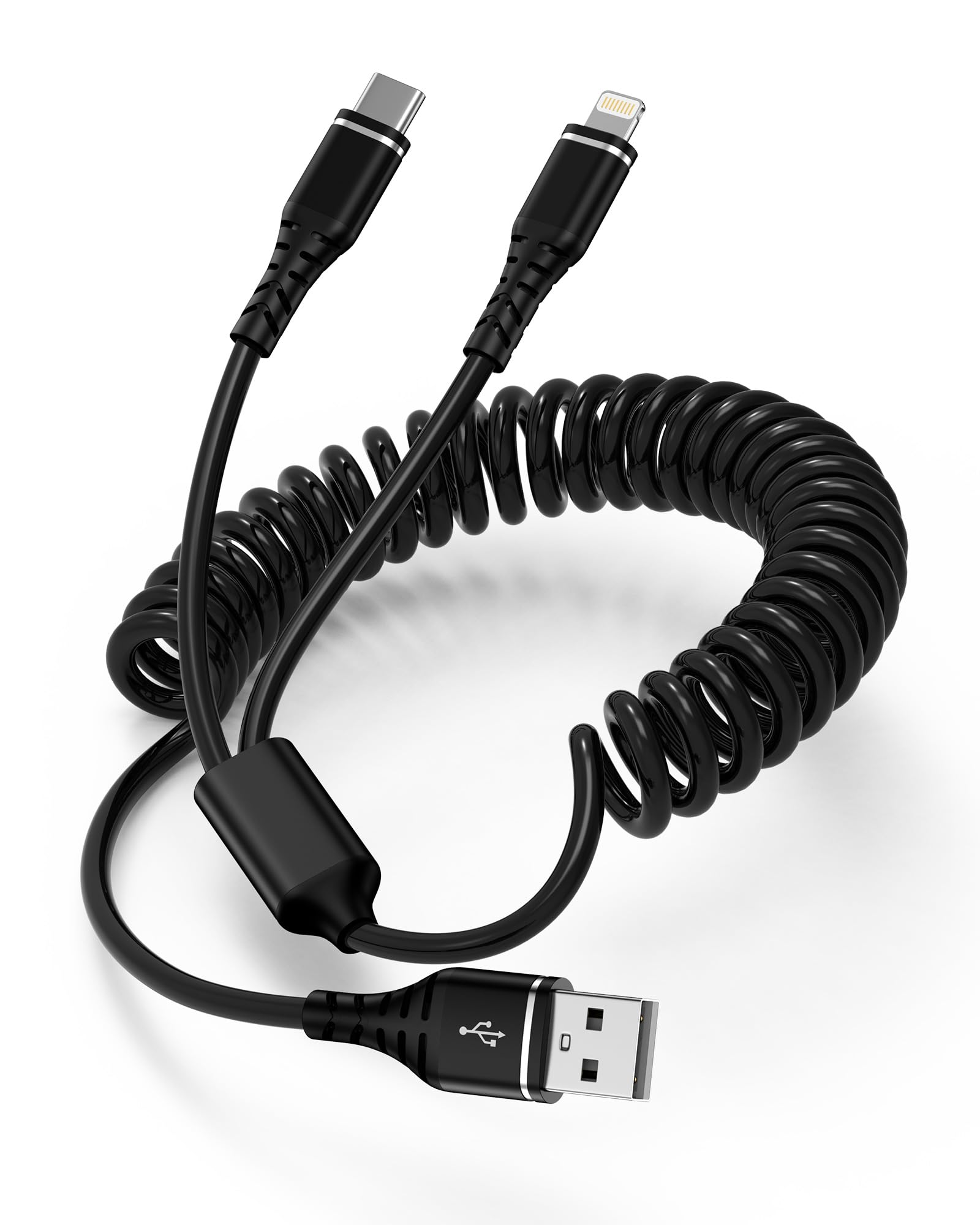 4FT Coiled Multi Charging Cable, 2-in-1 USB to Lightning/Type C, Phone Car Charger Cord for i Phone 16 Pro Max/15/14, Galaxy S24/S23 -Not Compatible with Apple CarPlay, Android Auto, or Data Transfer