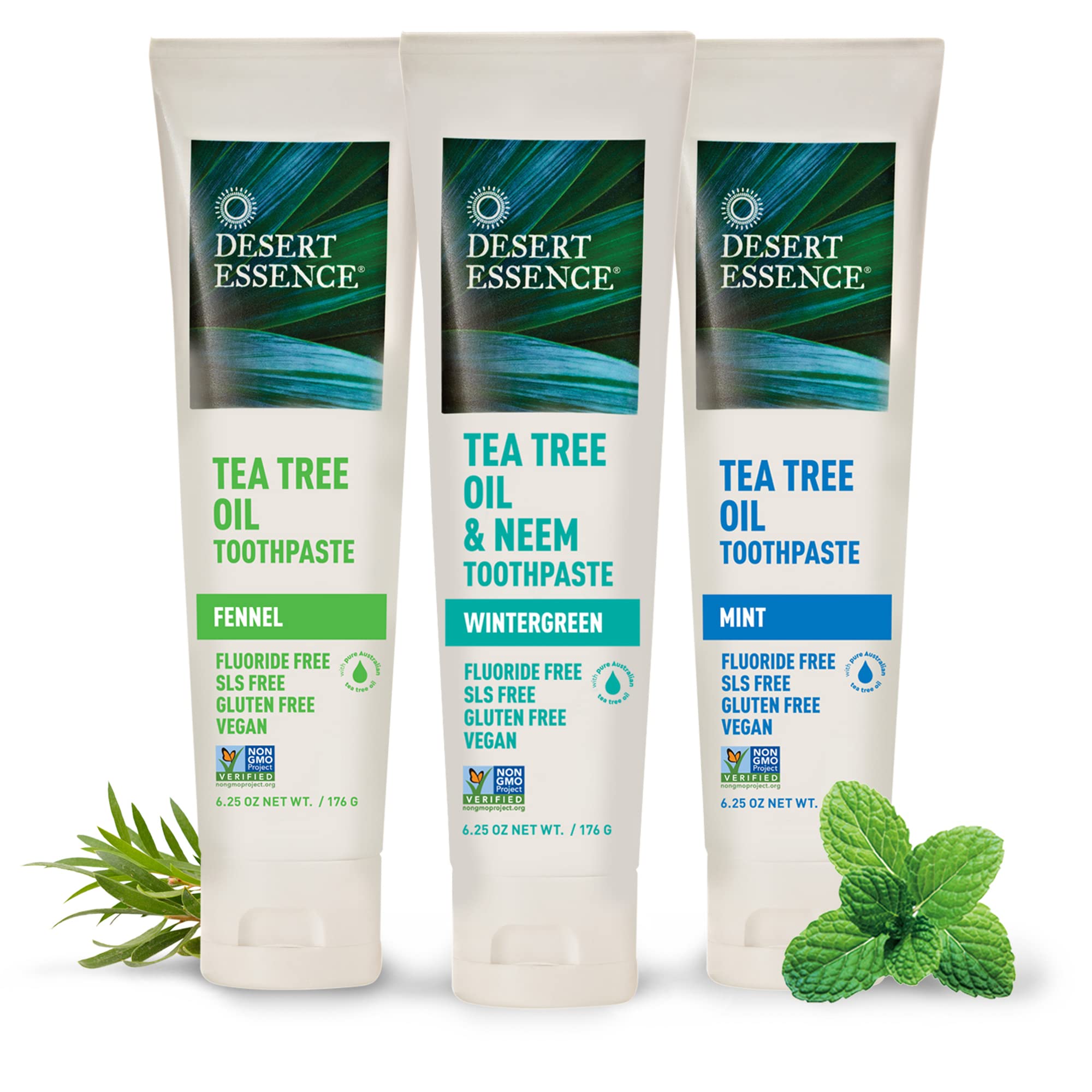 Desert Essence Tea Tree Oil Toothpaste - Mint - 18.75 Oz (6.25 Oz * Pack of 3) - Refreshing Taste - Deep Cleans Teeth & Gums - Helps Fight Plaque - Sea Salt - Pure Essential Oil - Baking Soda