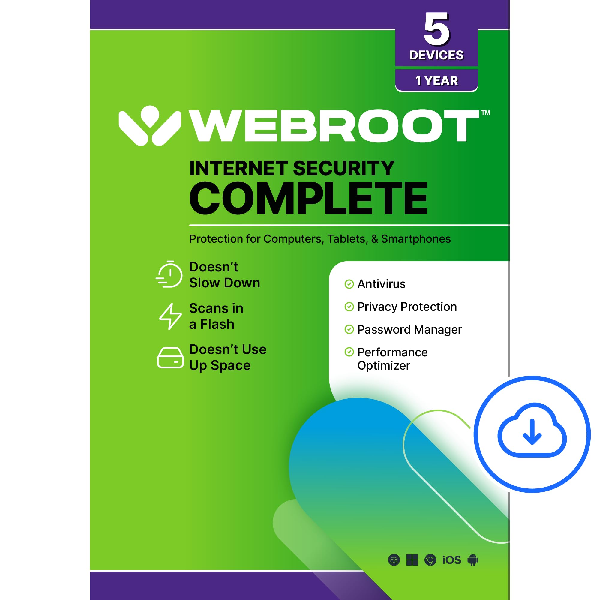 Webroot Internet Security Complete | Antivirus Software 2025 | 5 Device | 1 Year Download for PC/Mac/Chromebook/Android/IOS + Password Manager, Performance Optimizer and Cloud Backup